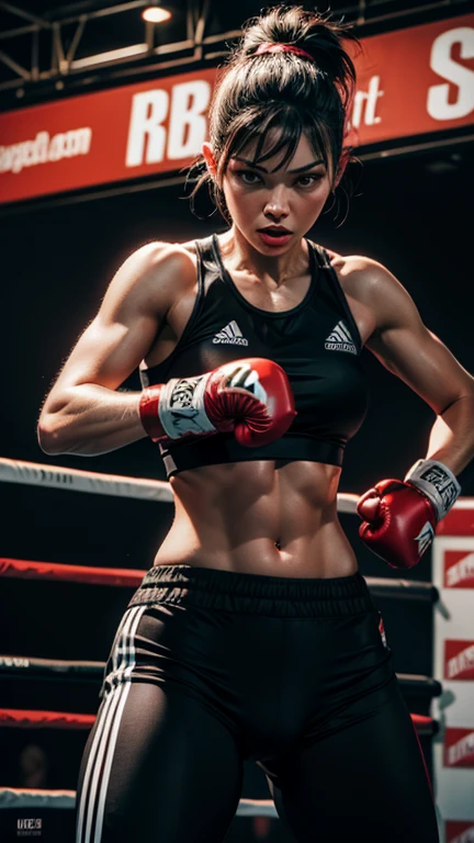 hyperrealistic digital artwork of a healthy female boxer in a grey sports bra and black pants with red stripes, wearing black boxing gloves. She is in a boxer's stance, ready to fight. Audrey Kawasaki, Ilya Kuvshinov