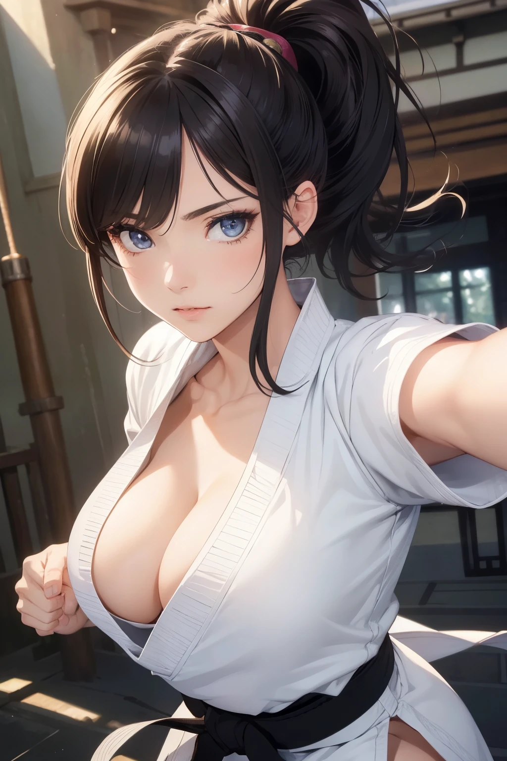 (best quality:1.3), (masterpiece:1.1), (illustration:1.2), (ultra-detailed:1.2), beautiful detailed eyes, beautiful detailed girl, (1girl), ponytail hairstyle, detailed background, large breast, cleavage, very expressive, (karate gi:1.2), (martial art pose), karate black belt, frowned