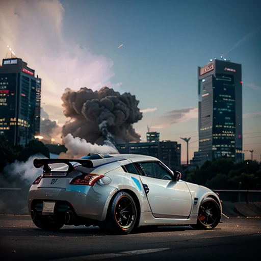 cyberpunk hypercars, soft colors, swirling color smoke, legend, cityscape, space, nissan 350z