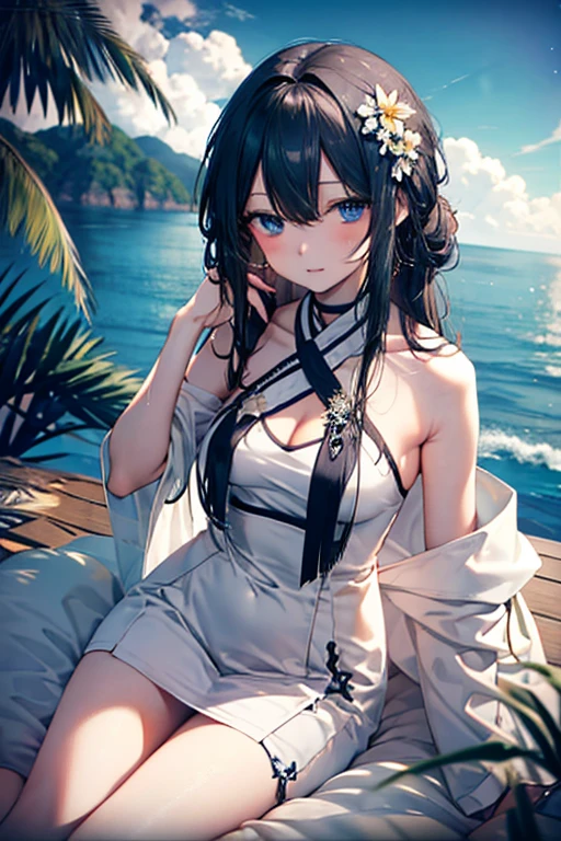 ​masterpiece、Massive landscape（（starrysky、Meteor swarm、Vast sandy beaches、Mysterious Sea））、About 20 years old、black hair, blue eyes、a beauty girl、huge tit、The bikini、frilld、Delicate embroidery、More exposed parts、Tie your hair together and pin flowerarbe々Pose、Wet hair、Body is wet、perspiring、lying back、Looking at the ceiling
