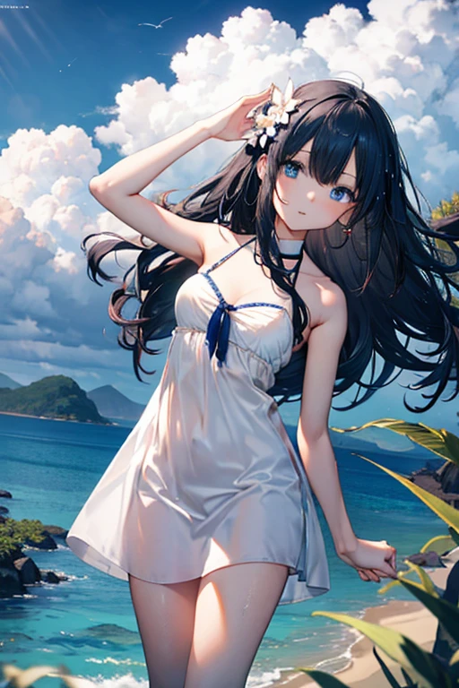 ​masterpiece、Massive landscape（（starrysky、Meteor swarm、Vast sandy beaches、Mysterious Sea））、About 20 years old、black hair, blue eyes、a beauty girl、huge tit、The bikini、frilld、Delicate embroidery、More exposed parts、Tie your hair together and pin flowerarbe々Pose、Wet hair、Body is wet、perspiring、lying back、Looking at the ceiling