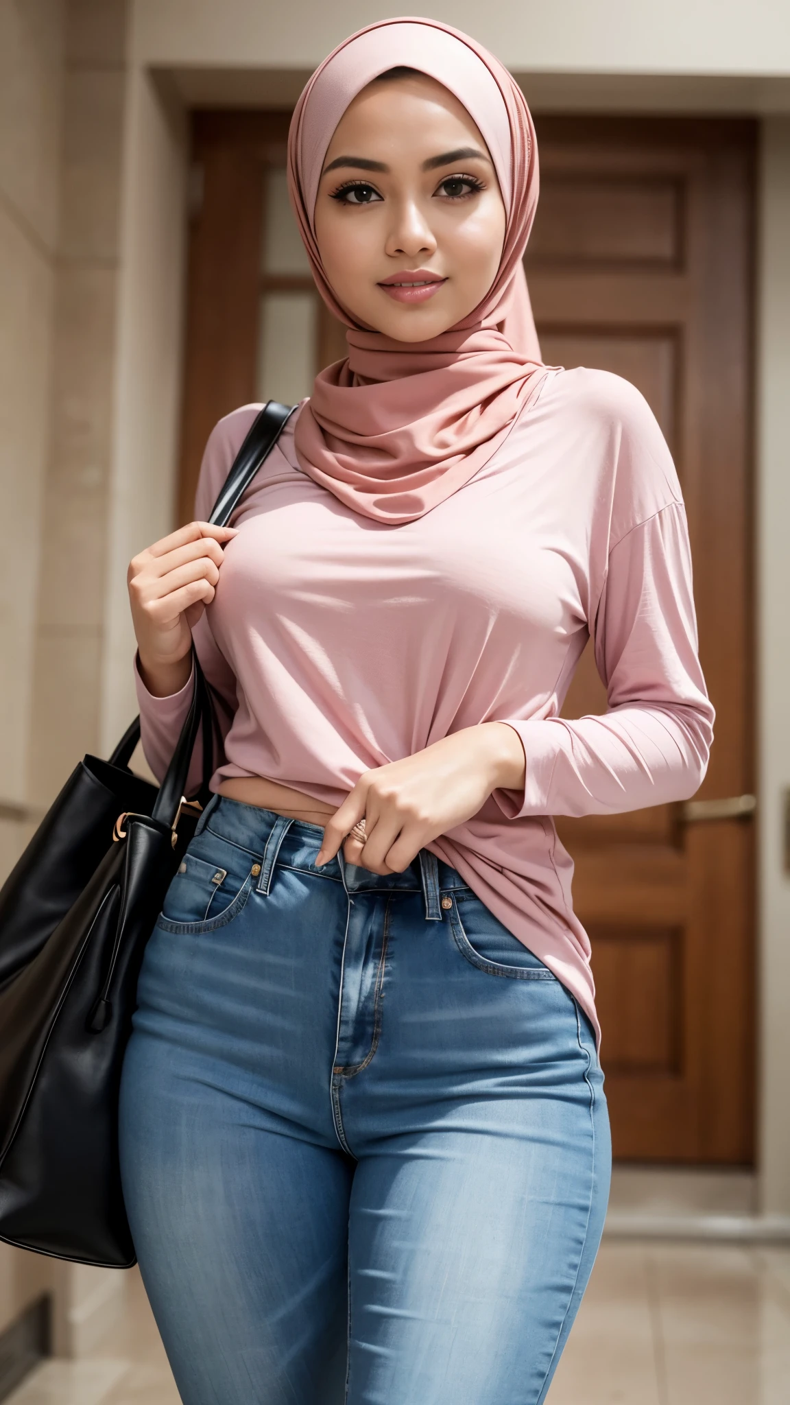 mira filzah seat in restaurant, wearing tight small shirt in nighttime restaurant, wearing pastel color tight pants, (mira filzah:1.2), wearing hijab, pastel color hijab, small breast, flat chest, bright lighting, slim, proportional body length,