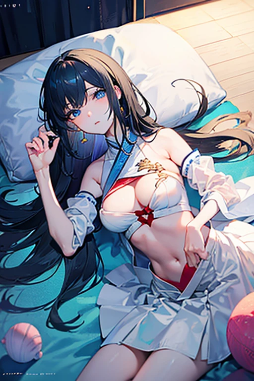 ​masterpiece、Massive landscape（（starrysky、Meteor swarm、Vast sandy beaches、Mysterious Sea））、About 20 years old、black hair, blue eyes、a beauty girl、huge tit、The bikini、frilld、Delicate embroidery、More exposed parts、Tie your hair together and pin flowerarbe々Pose、Wet hair、Body is wet、perspiring、lying back、Looking at the ceiling