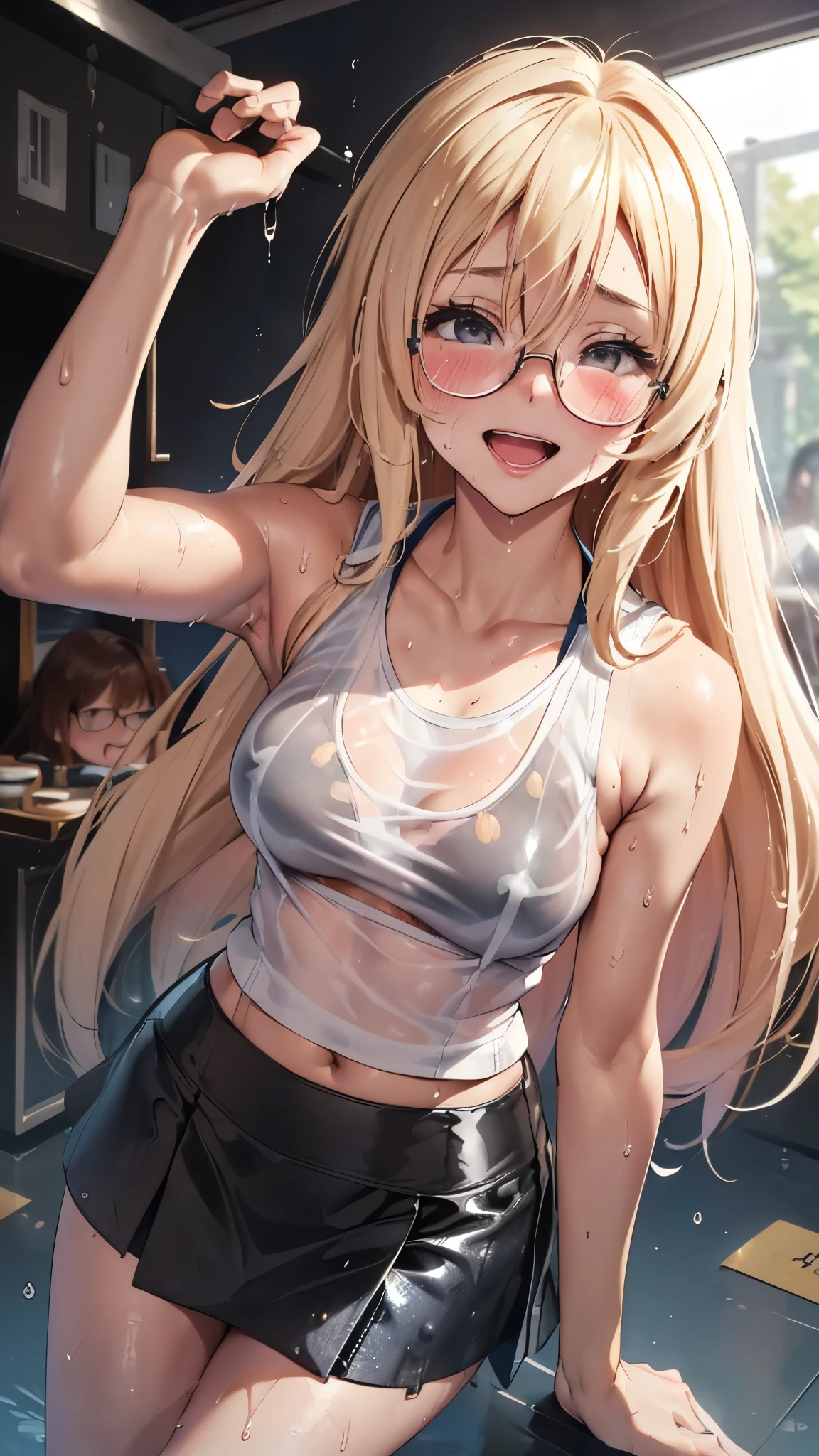 1 female,golden hair,25 years old,(((Blue shiny micro tight skirt)))((white tank top))(((blush cheeks、open mouth smile)),(((straight hair))),(((Portrait))),crowd,,((wet with sweat))(Sexy black bra with see-through tank top)(glasses)(((small breasts)))