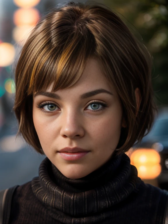 portrait of megan_rain, (1girl), (closeup portrait), ((front view)), ((full-body)), ((best quality)), ((masterpiece)), ((hyper-realistic)), (ultra-detailed), yellow eyes, (short Brown bangs hair:1.36), photo, high quality, looking at the viewer, hands apart, wearing ((black cowl turtleneck)), roll_up_sleeves, wearing a (((black:1.2) pants)), wearing a ((belt)), walking pose, makeup, mascara, (street), (bokeh),(detailed), (intricate), (cinematic lighting), (sharp focus on eyes), (skin texture:1.2), ((highly detailed face, realistic skin texture)), sharp focus, fujifilm xt3, natural skin texture, by holly randall,