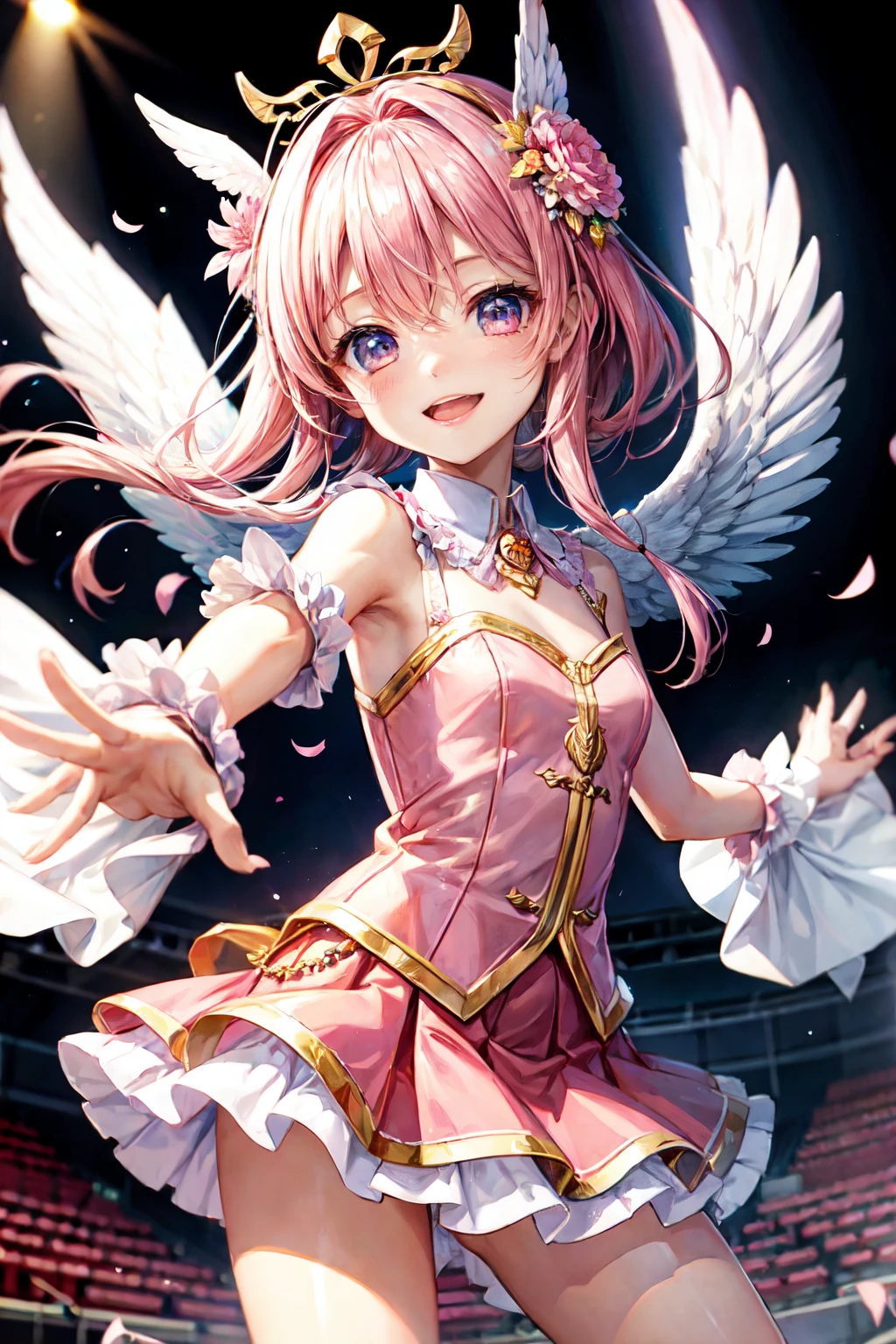 highest quality、cinematic lighting、idol girl、fancy pink dress、mini skirt、Angel's wing、Smile、pink flower headdress、on stage、