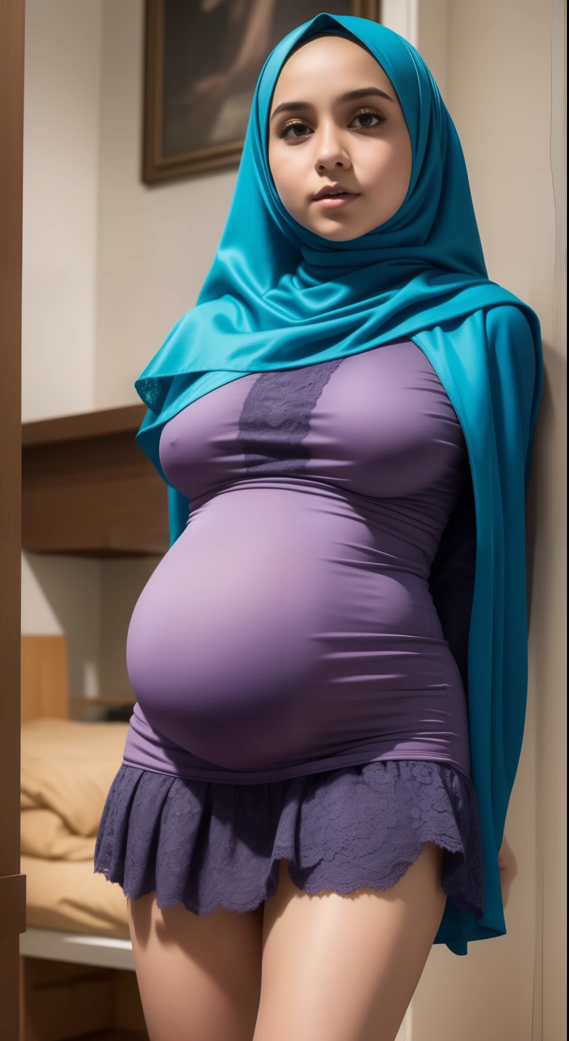 Hijab OLD teen girlat chest, very tigh short mini skirt, Satin Rainbow lace, pregnant , Very large and saggy breasts, show my breasts