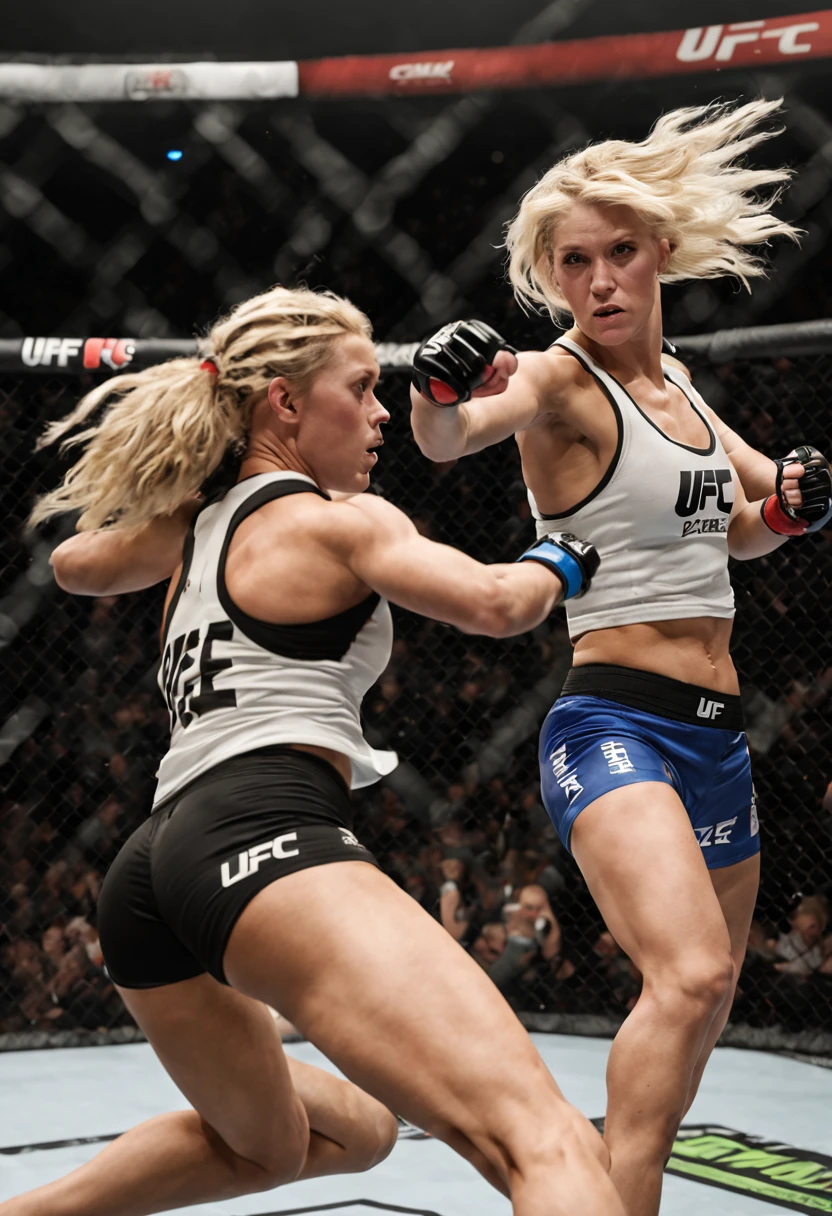 a highly detailed, realistic panoramic scene depicting an epic fight between two women in an MMA UFC octagon. One has blonde hair, green eyes, wearing a white top with the UFC logo in blue on the chest and white mini sports shorts. The other has black hair, black eyes, wearing a black top with the UFC logo in white on the chest and black mini sports shorts. They are shown in a dynamic mid-air action, lunging towards each other in the octagon. The lighting should focus on the fighters.