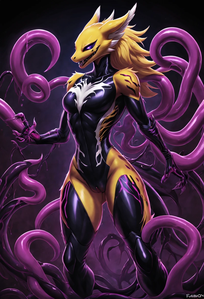 renamon，full body painting，whole body concept，Full body tight suit，vagina，tentacle fusion，biological core，NSFW，tentacle tail，fluffy tail，Insert dick tentacle into pussy，symbiote，Venom Girl，Whiteleopard，living venom suit，carnage，dragon body，dragon wing，evil depravity，livingclothes