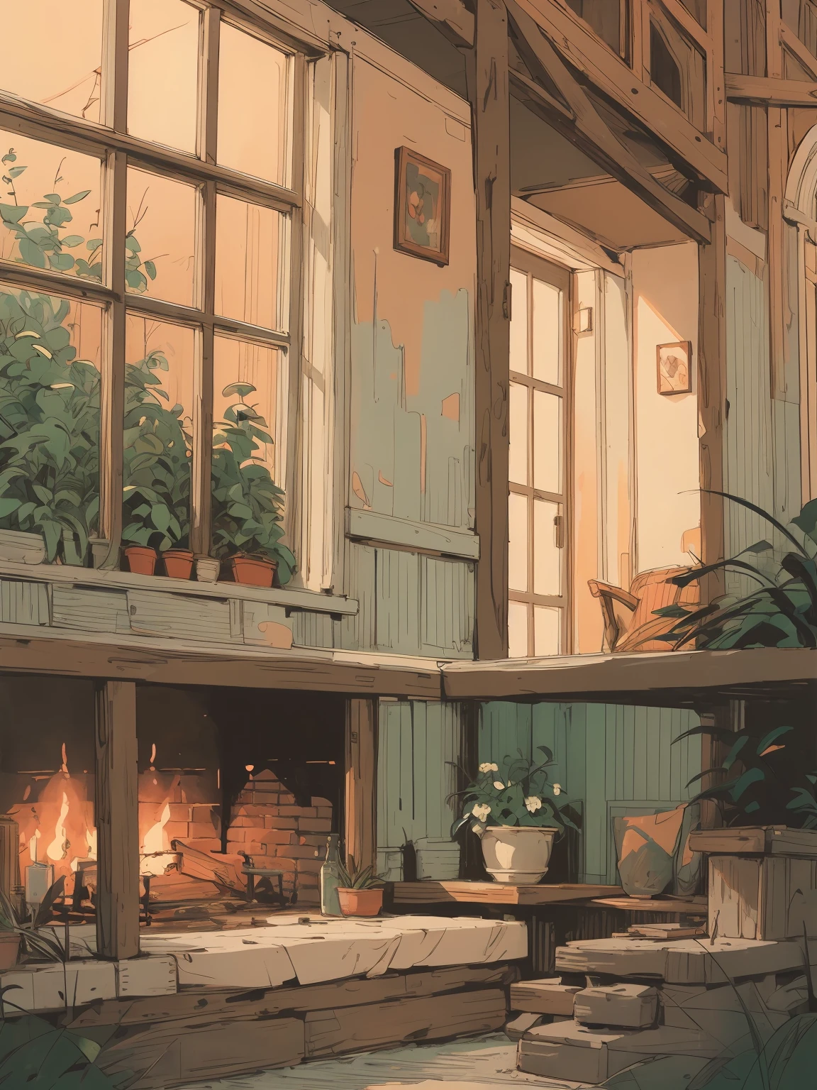 cosy dwellings, a girl is studying there,artistic sketch, warm lighting, soft color tones, intricate details, comfortable interiors, charming exteriors, pleasant atmosphere, cozy fireplace, rustic furniture, fluffy blankets, inviting ambiance, peaceful setting, windows with curtains, cozy nooks, snug cushions, vintage decor, homey feel, inviting front porch, serene surroundings, natural materials, wooden beams, lush greenery, tranquil garden, picturesque landscape, harmonious design, dreamy escape, homely haven, soothing vibes, --ar 4:5  --style raw --v 6.0