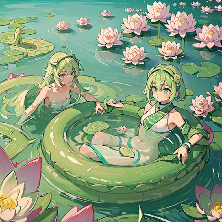 water lily girl、amazing dynamism、amazing angle、Overwhelming blistering sandstorm、(((Many friendly pastel lotuses float and chase)))、(((surround each other&#39;too long glass pastel snake)))