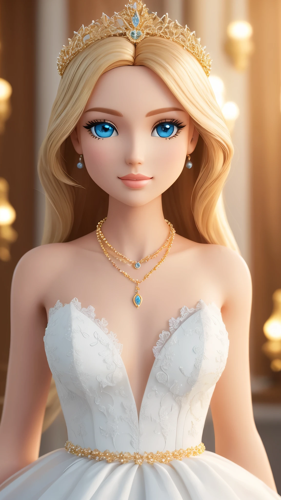 blond Barbie princess standing, necklaces, pearls,  Delicate detailed face, animated, detailed white skin texture, long golden hair, adorable, Clean, soft smile, blue eyes, glowing retina, white wedding dress, tiara, fresh flowers, centered golden frame, center, Disney style, high resolution, official art, unreal-engine, high dynamic range, OctaneRender, render, cinema4d, sun ray, porcelaine, looking at viewer, depth of field, from below, masterpiece, 8K, best quality, anatomically correct