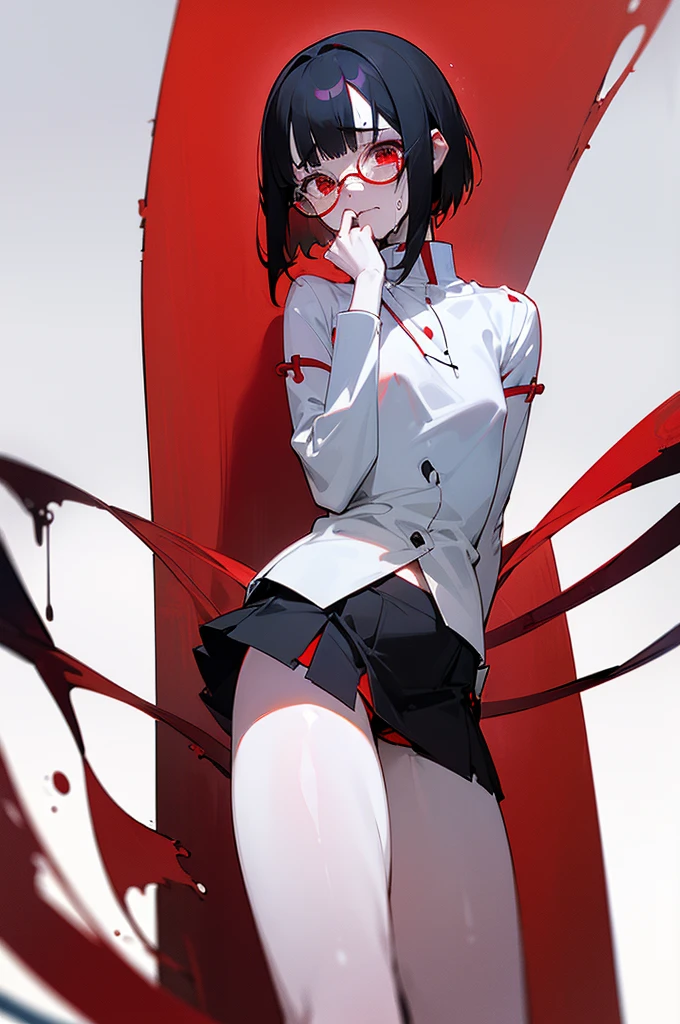 (NSFW)((Best Quality)), ((Masterpiece)), (Detailed), woman with short black hair with glasses, very white skin, red eyes, with a too short miniskirt, with a scared expression and crying in pain for losing her virginity, she feels alone and has no help but also a sexualized expression