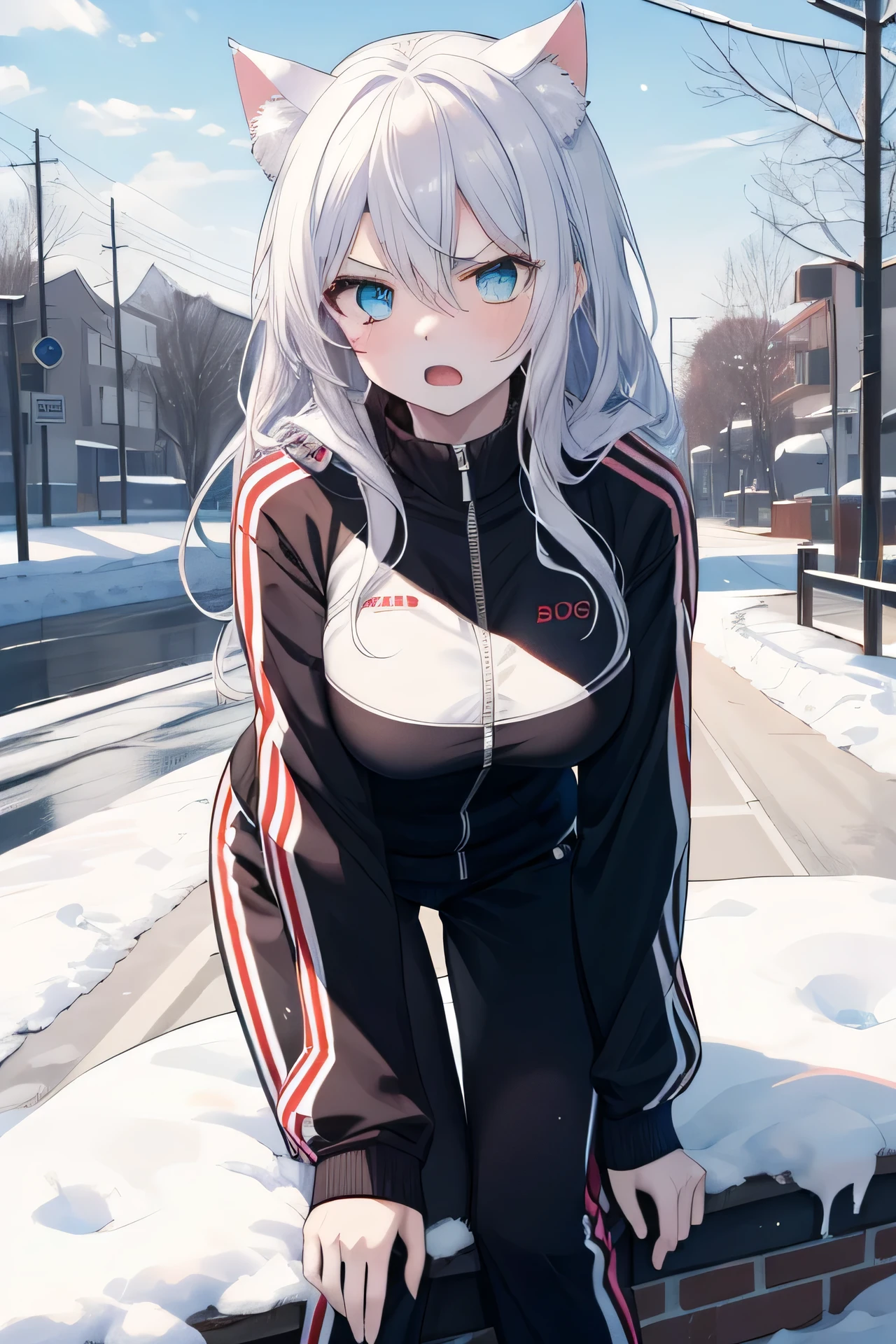 ((masterpiece)), ((highest quality)), ((8K)), High resolution, 1 girl, Cat ear, white skin, big breasts, aqua eyes, anger, open your mouth, stretch, leaning forward, tracksuit, new year, morning, lots of snow