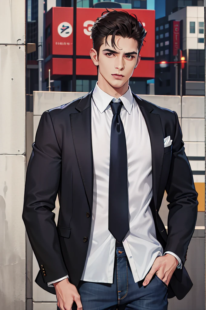 (absurdres, highres, ultra detailed, realistic, ), 2 males, mature, tall muscular, broad shoulders, handsome, very short hair,, angular jaw, thick neck, thick eyebrows, sleek modern apartment background, formal suit, necktie on one and the other casual in jeans and a t-shirt