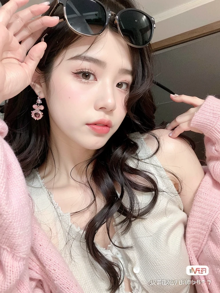 a close up of a woman wearing sunglasses and a pink sweater, ulzzang, sakimichan, jinyoung shin, bae suzy, earring, sha xi, wan adorable korean face, 8k)), jaeyeon nam, shikamimi, heonhwa choe, guweiz, 🍁 cute, popular korean makeup, popular south korean makeup, cute:2