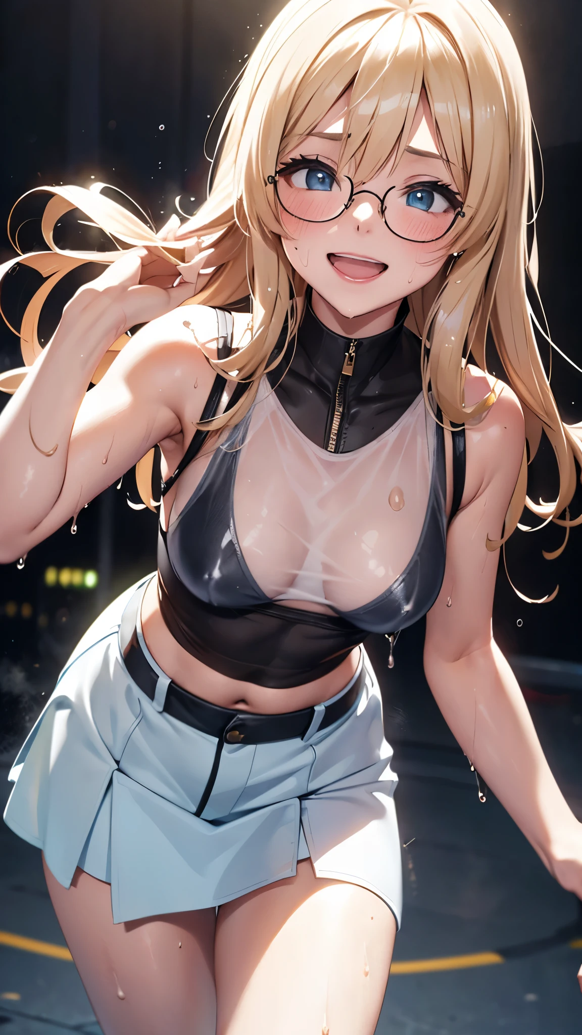1 female,golden hair,25 years old,(((Blue shiny micro tight skirt)))((white tank top))(((blush cheeks、open mouth smile)),(((straight hair))),(((Portrait))),crowd,,((wet with sweat))(Sexy black bra with see-through tank top)(glasses)(((small breasts)))