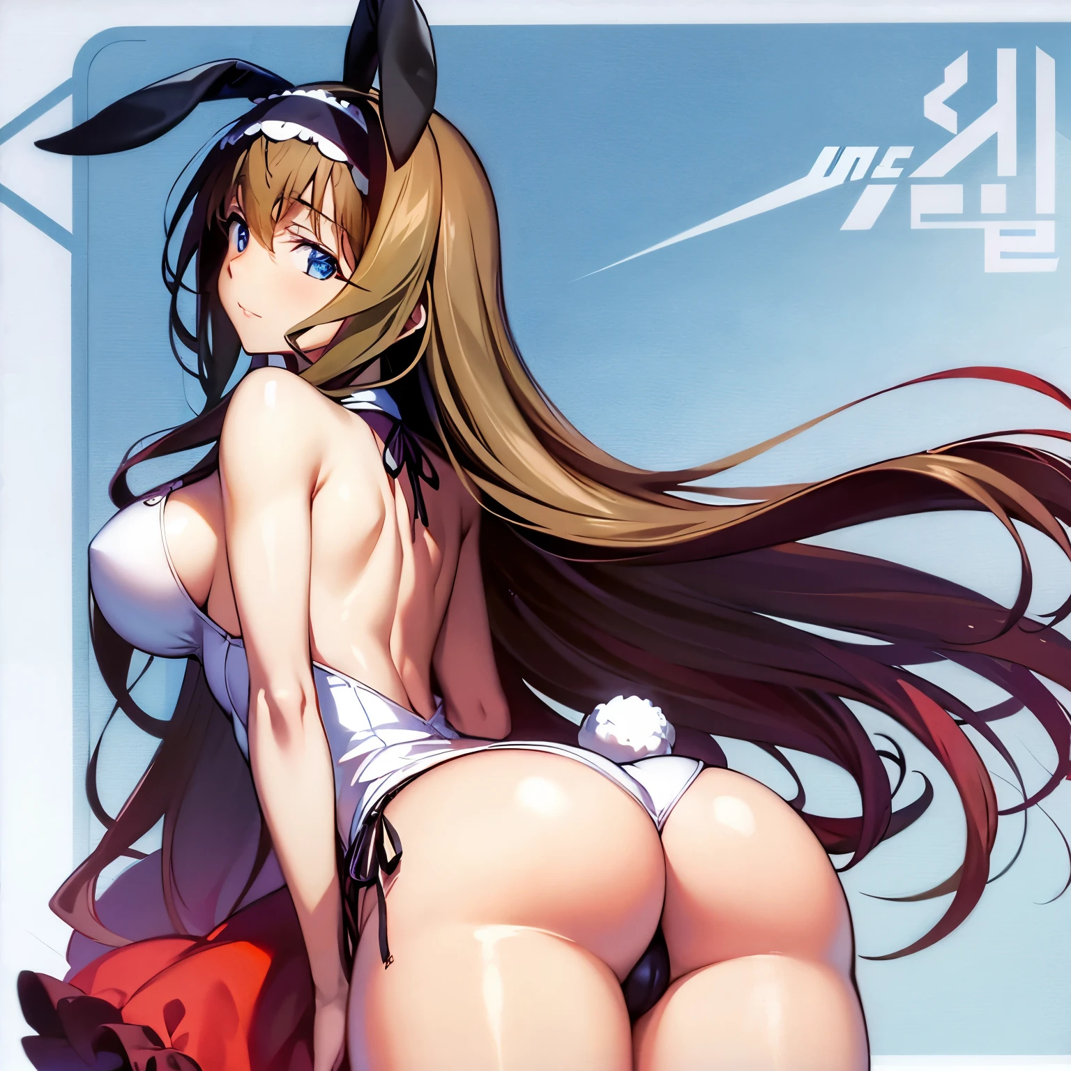 (back view) (overview) Tohsaka Rin from Fate, in a bunny suit, in all fours, Her outfit is very revealing, revealing much of her chest,her tits almost come out of the suit, with an excited face, looking back, pov from behind, Fate Grand Order, anime style,bunny lingerie, doggy position, top down back up