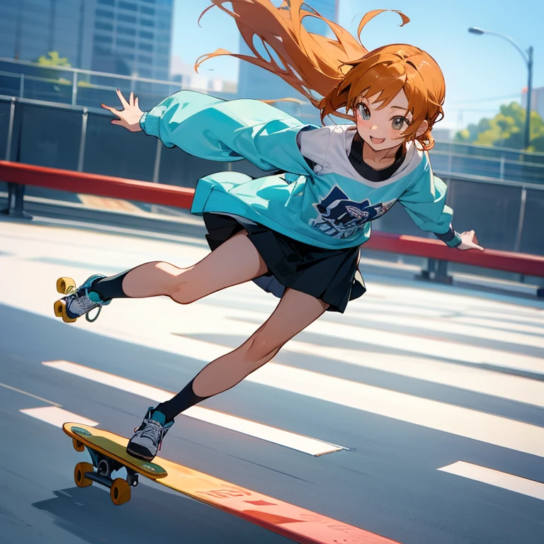 The bouncing anime girl is skating on the skateboard, posing happily and looking good.