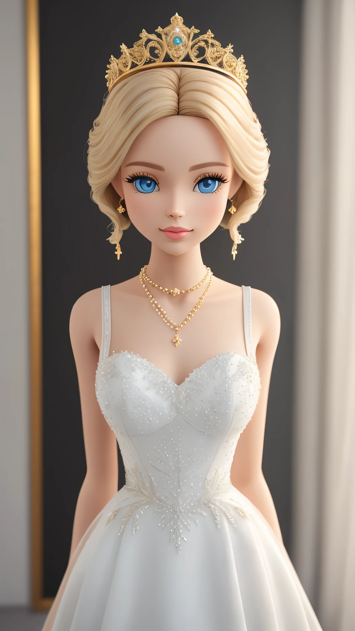 blond Barbie princess standing, necklaces, pearls, Delicate detailed face, animated, detailed white skin texture, long golden hair, adorable, Clean, soft smile, blue eyes, glowing retina, white wedding dress, tiara, fresh flowers, centered golden frame, center, Disney style, high resolution, official art, unreal-engine, high dynamic range, OctaneRender, render, cinema4d, sun ray, porcelaine, looking at viewer, depth of field, from below, masterpiece, 8K, best quality, anatomically correct