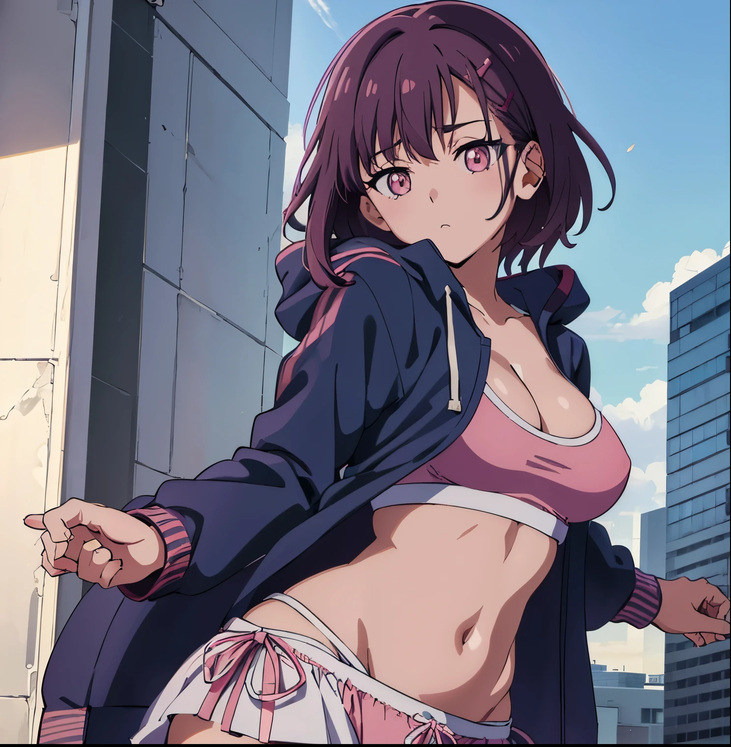 una chica en la calle,pov(desde abajo),shizuka mikazuki, short hair, purple hair, hair ornament, hairclip, (pink eyes:1.5), swept bangs, navel, cleavage, jacket, open clothes, midriff, hood, open jacket, blue jacket, hooded jacket, sports bra, hood down, outdoors, city, sky, sun, clouds, buildings, looking at viewer, (masterpiece:1.2), best quality, high resolution, unity 8k wallpaper, (illustration:0.8), (beautiful detailed eyes:1.6), extremely detailed face, perfect lighting, extremely detailed CG, (perfect hands, perfect anatomy),large breasts, medium waist, wide hips, medium thighs