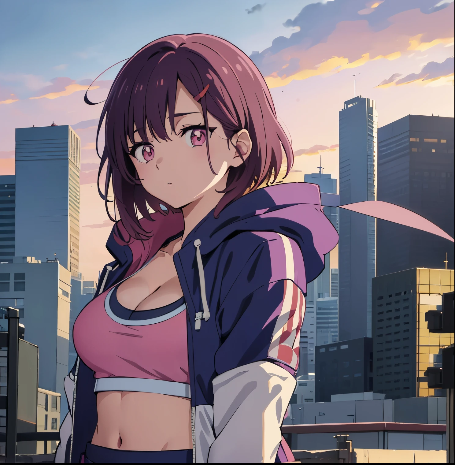 una chica en la calle,pov(desde abajo),shizuka mikazuki, short hair, purple hair, hair ornament, hairclip, (pink eyes:1.5), swept bangs, navel, cleavage, jacket, open clothes, midriff, hood, open jacket, blue jacket, hooded jacket, sports bra, hood down, outdoors, city, sky, sun, clouds, buildings, looking at viewer, (masterpiece:1.2), best quality, high resolution, unity 8k wallpaper, (illustration:0.8), (beautiful detailed eyes:1.6), extremely detailed face, perfect lighting, extremely detailed CG, (perfect hands, perfect anatomy),large breasts, medium waist, wide hips, medium thighs