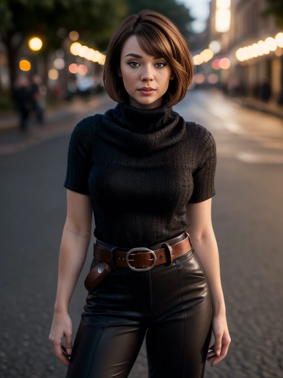 portrait of megan_rain, (1girl), (closeup portrait), ((front view)), ((full-body)), ((best quality)), ((masterpiece)), ((hyper-realistic)), (ultra-detailed), olhos amarelos, (short Brown bangs hair:1.36), photo, high quality, looking at the viewer, hands apart, wearing ((black cowl turtleneck)), roll_up_sleeves, wearing a (((black:1.2) pants)), wearing a ((belt)), walking pose, makeup, mascara, (street), (bokeh),(detailed), (intricate), (cinematic lighting), (sharp focus on eyes), (skin texture:1.2), ((highly detailed face, realistic skin texture)), sharp focus, fujifilm xt3, natural skin texture, by holly randall,