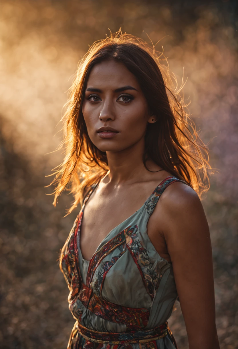 portrait of Malay woman in year 1975 (70s, bohemian, boho outfit), cinematic realism, high action full body pose, badass, busy, insanely detailed location, littered, chaos, cinematic portrait photography, Kodachrome, perfect pupils, insanely detailed faces, intricately detailed disco location, film grain, HD, 8k, volumetric lighting, chiaroscuro, sfumato, (skin textures), cinematic portrait photograph, dimly lit, cool colors, hair backlighting, ear backlighting, volumetric lighting, Kodachrome, 8K, film grain, perfect eyes, perfect pupils, expressive eyes, hands by Albrecht Durer, smoke, particle fx, mist, fog