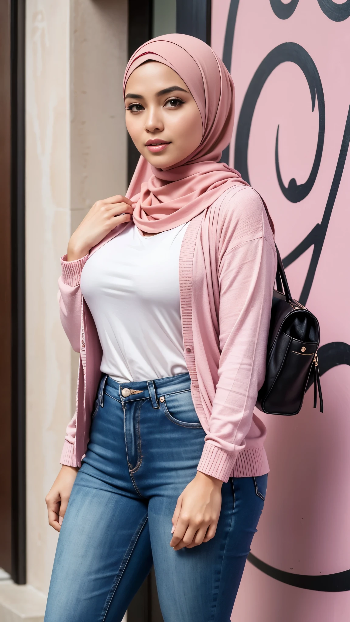 Close up),RAW, Best quality, high resolution, masterpiece: 1.3), Beautiful Malay woman in hijab,Karya, fit body, big breast,sthick thighs,big beautiful eyes, Soft smile, beautiful face,muslim woman wearing a pink shirt and jeans with a handbag, wearing beautiful clothes, full body picture, with lovely look, lovely woman, casual pose, with fashion clothe, pink clothes, wearing elegant casual clothes, casual clothing style, some pink, siya oum, femme, wearing casual clothing,Great lighting, Bright colors, Clean lines