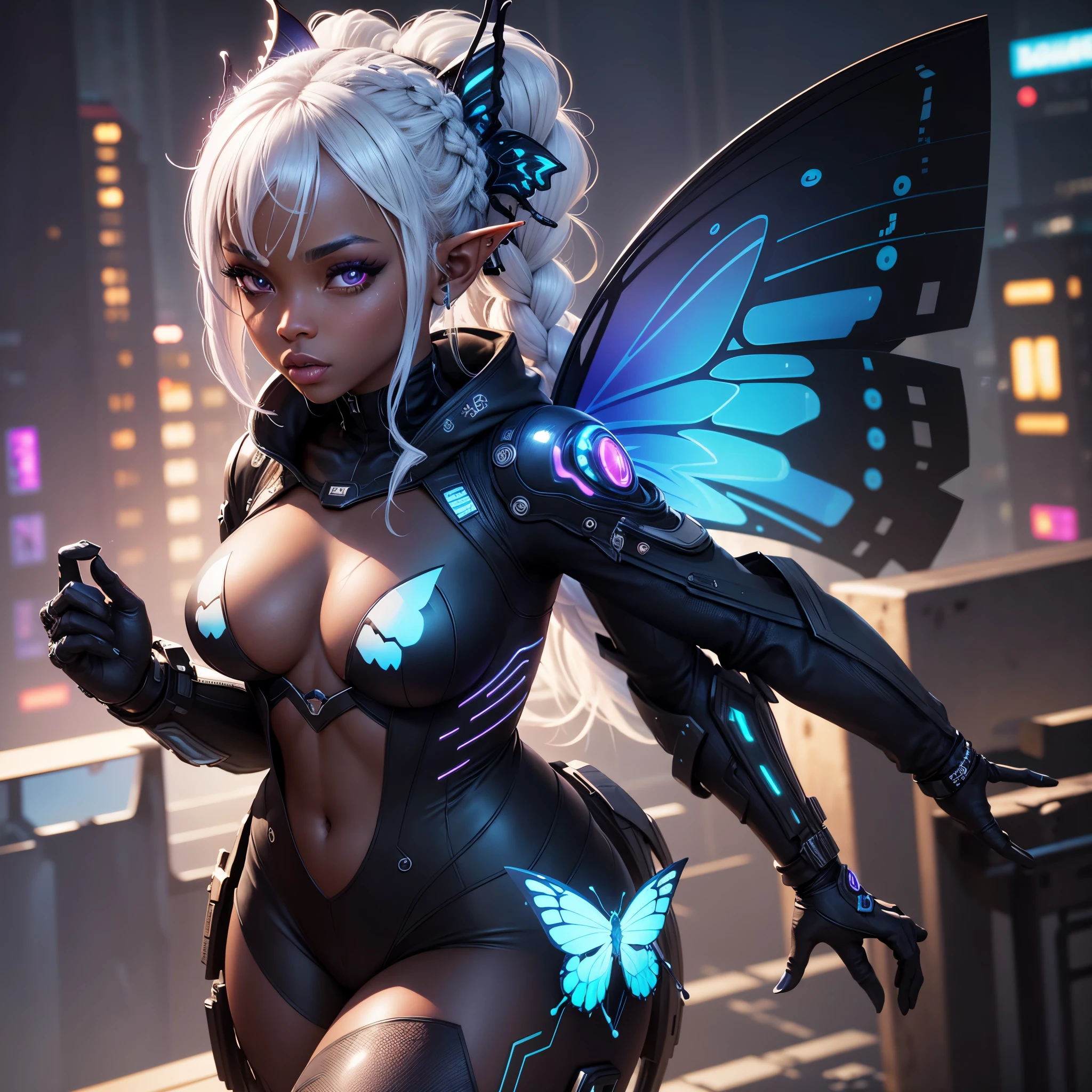 8k, ultra high definition, unreal engine, ultra detailed, ultra high resolution, ultra focus, beautiful girl, black girl, dark skin, elf ears, nebula eyes, forehead horns, white hair, braided hair, cyberpunk nose mask, gorgeous thick body, cyberpunk clothes, transparent butterfly, cyberpunk city, beautiful butterfly wings pattern, ultra giant butterfly wings, ultra detailed body, ultra detailed clothes, ultra detailed fingers, ultra detailed wings, front view,