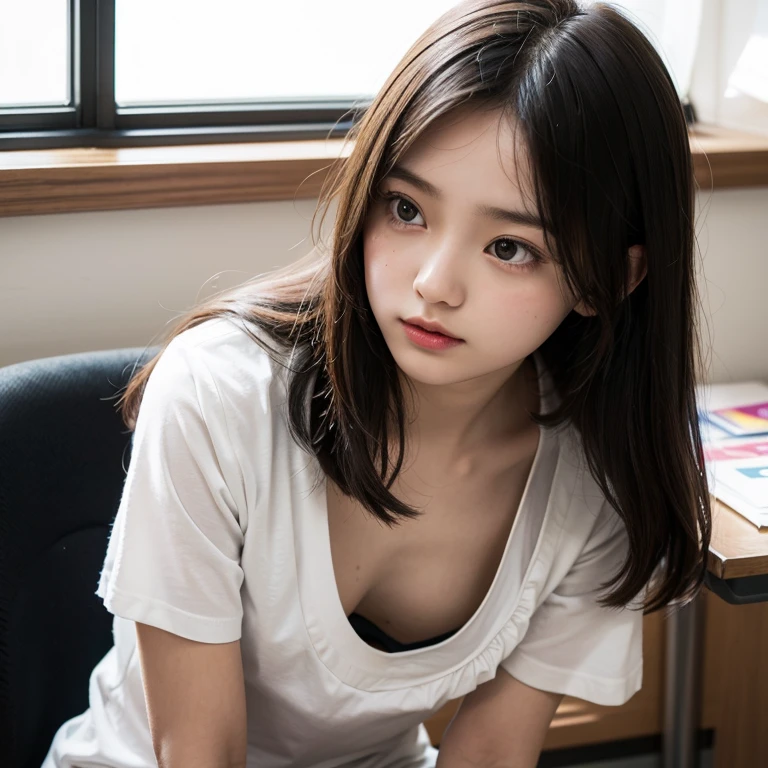 1girl, downblouse, 15yo, munechira, small breasts,  small chest,  looking away,  leaning forward,  expressionless,  casual t shirt plus frilled bra within, desk, school,