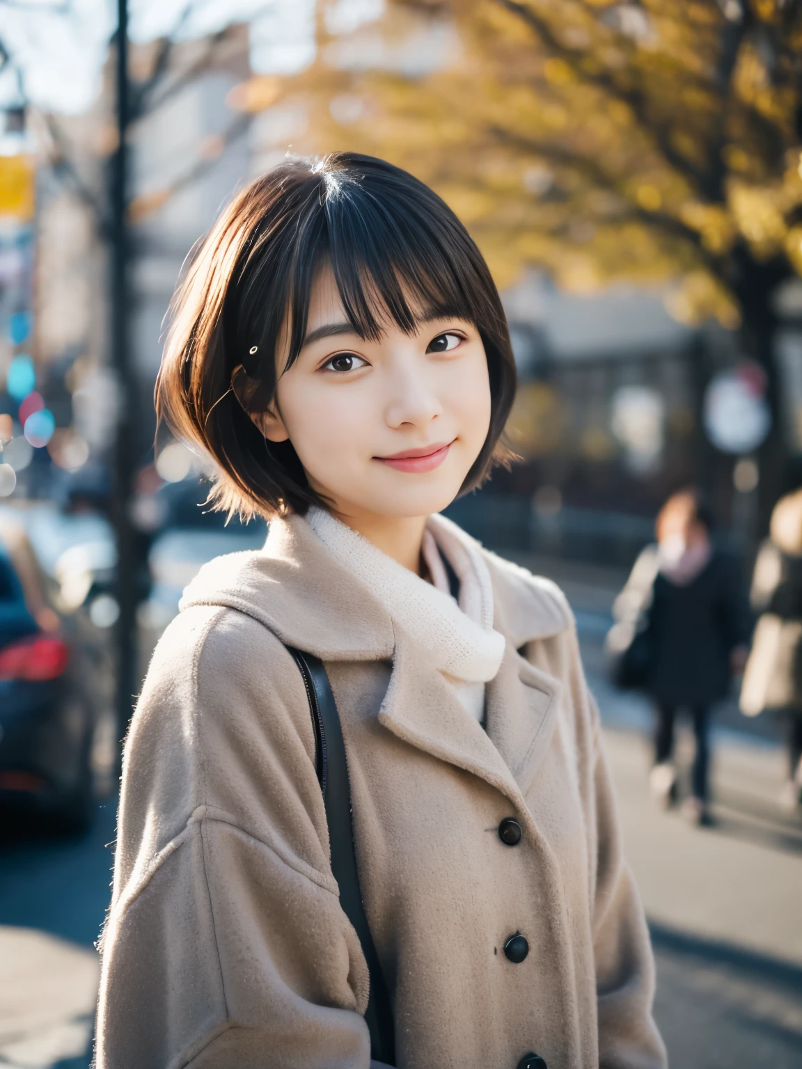 photorealistic, 8K, full body portrait, Beautiful woman, A charming expression, Clear system, short hair, 20-year-old, Tokyo, winter, Shibuya in the background