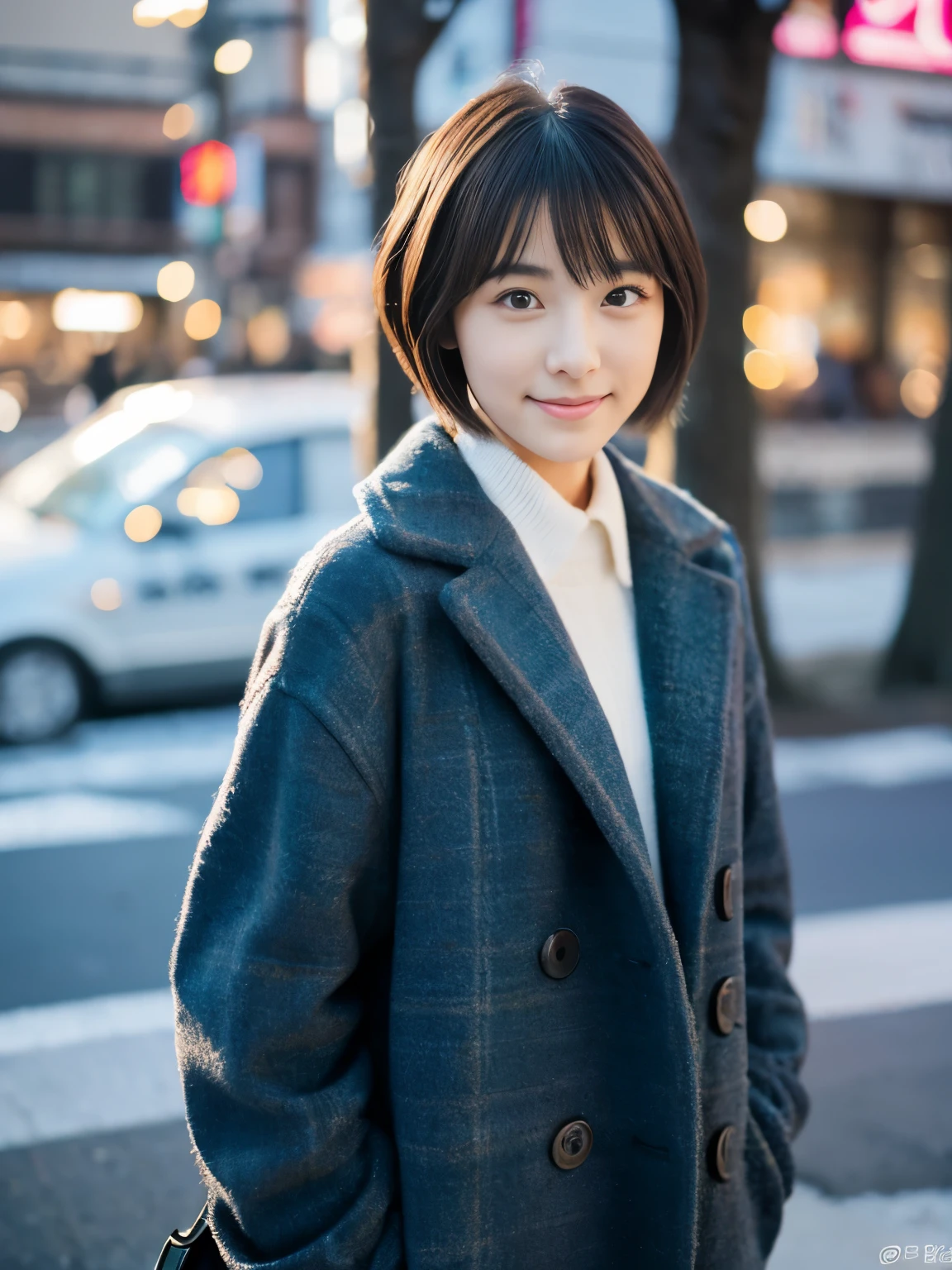 photorealistic, 8K, full body portrait, Beautiful woman, A charming expression, Clear system, short hair, 20-year-old, Tokyo, winter, Shibuya in the background