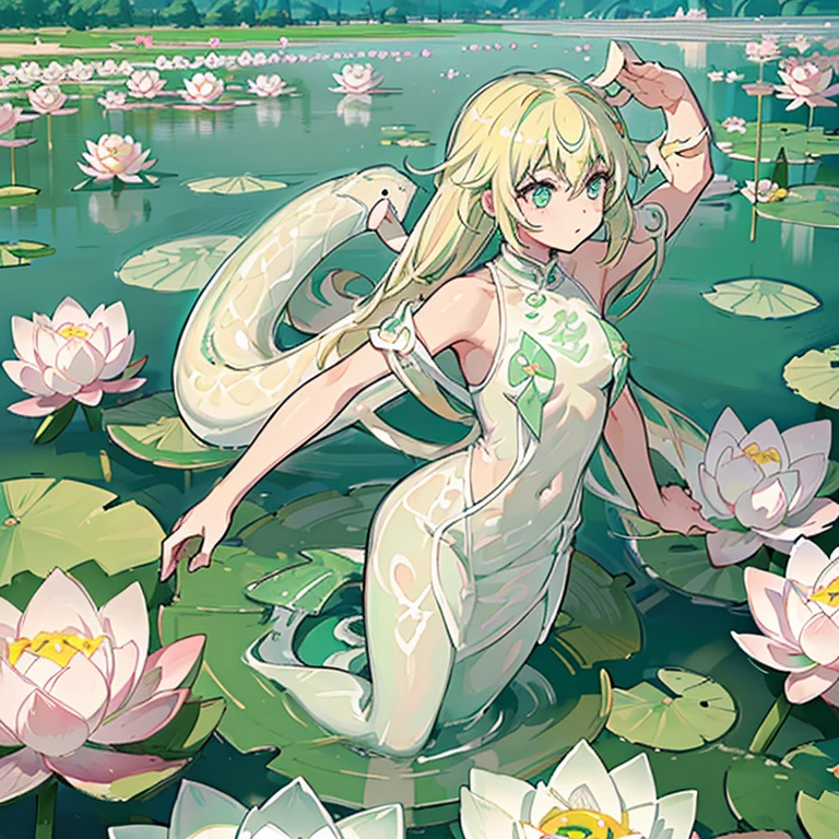colorless transparent water lily girl、amazing dynamism、amazing angle、Overwhelming blistering sandstorm、(((Many friendly pastel lotuses float and chase)))、(((surround each other&#39;too long colorless transparent snake)))