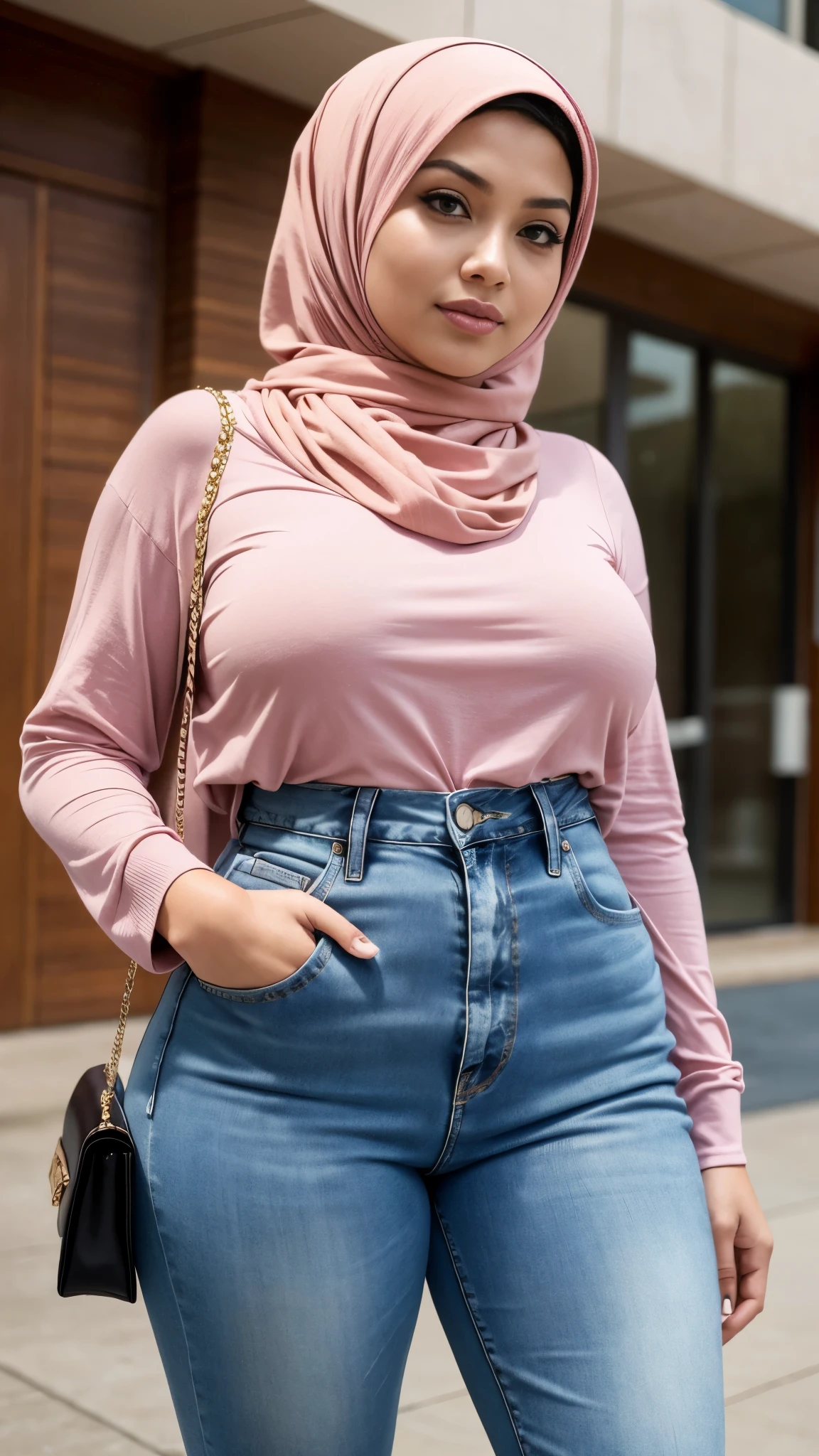 Close up),RAW, Best quality, high resolution, masterpiece: 1.3), Beautiful Malay woman in hijab,Karya, fit body, big breast,sthick thighs,big beautiful eyes, Soft smile, beautiful face,muslim woman wearing a pink shirt and jeans with a handbag, wearing beautiful clothes, full body picture, with lovely look, lovely woman, casual pose, with fashion clothe, pink clothes, wearing elegant casual clothes, casual clothing style, some pink, siya oum, femme, wearing casual clothing,Great lighting, Bright colors, Clean lines