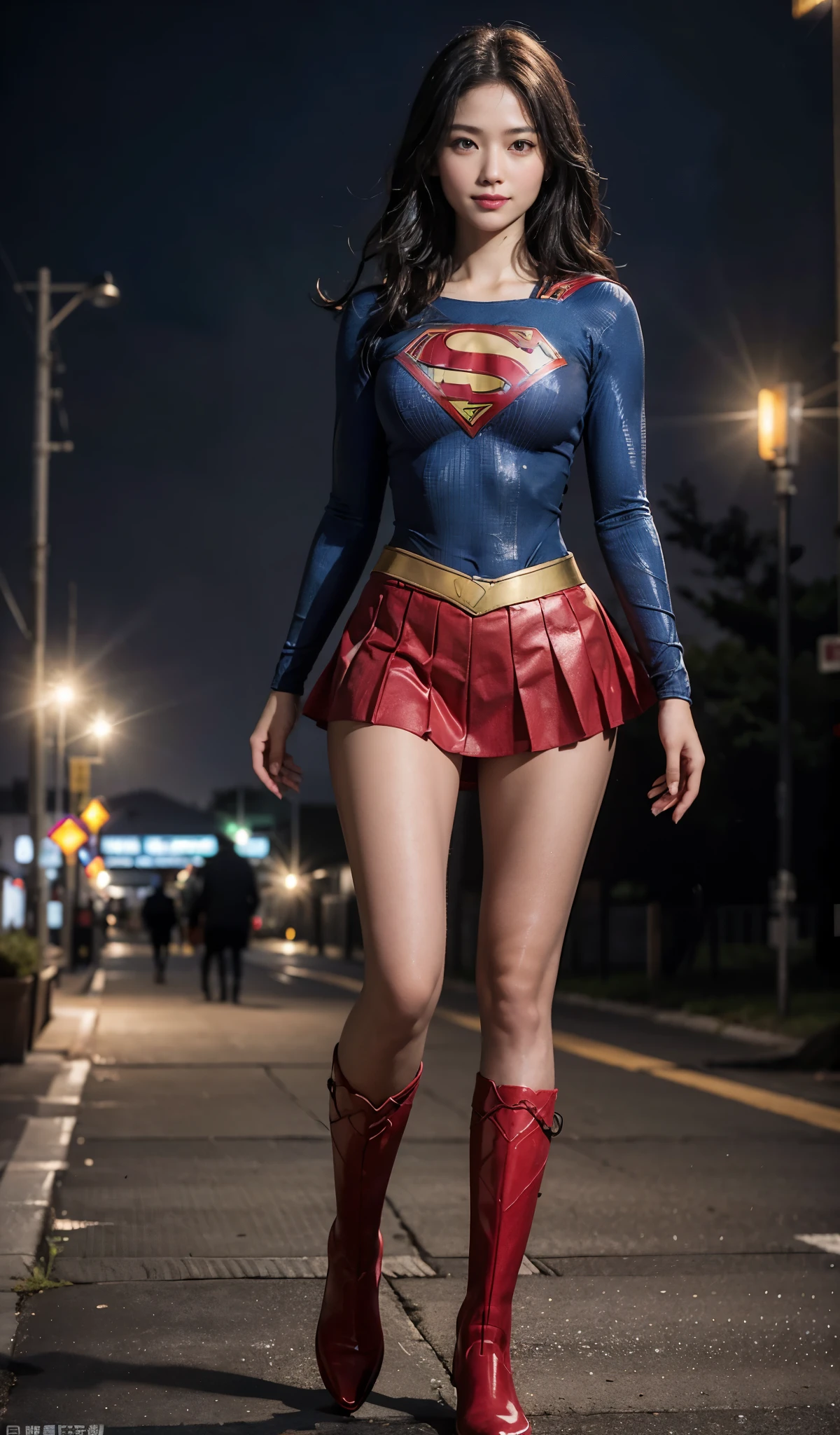no background、no background、Fitted Supergirl costume、Hairstyle is short、Body Fit Costumes、draw the whole body、(((Wear black tights on your beautiful legs.)))、(((stretch your legs、tall、Legally express the beauty of your smile)))、((((Make the most of the original image)))、(((Supergirl Costume)))、(((beautiful hair)))、(((Suffering)))、(((Feet must necessarily be worn with black tights)))、(((You need to wear red boots)))、((Highest image quality、8K))、((highest quality、8K、masterpiece:1.3))、(((Keep Background )))、clear focus:1.2、beautiful woman with perfect figure:1.4、slender abs:1.2、wet body:1.5、Highly detailed face and skin texture、8K