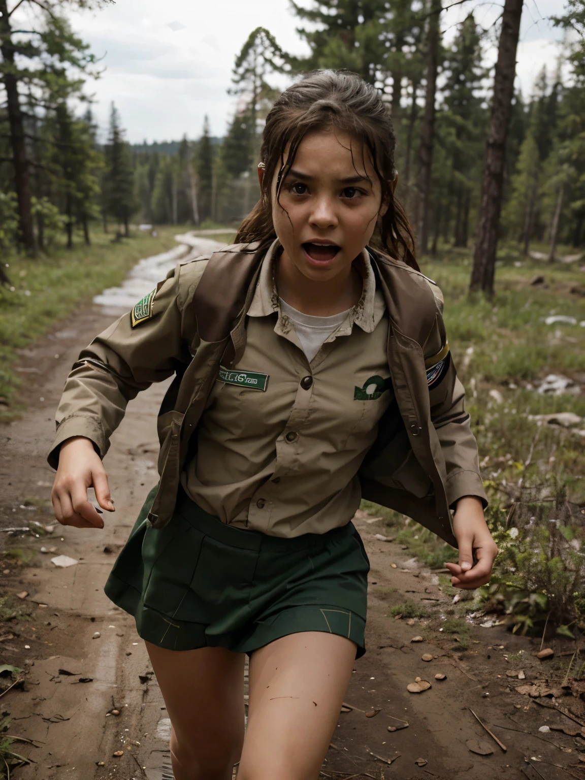 (high quality),(detailed, photorealistic) , girl, dirty skin, fear, cry, girl scout uniform, wilderness, full body, running