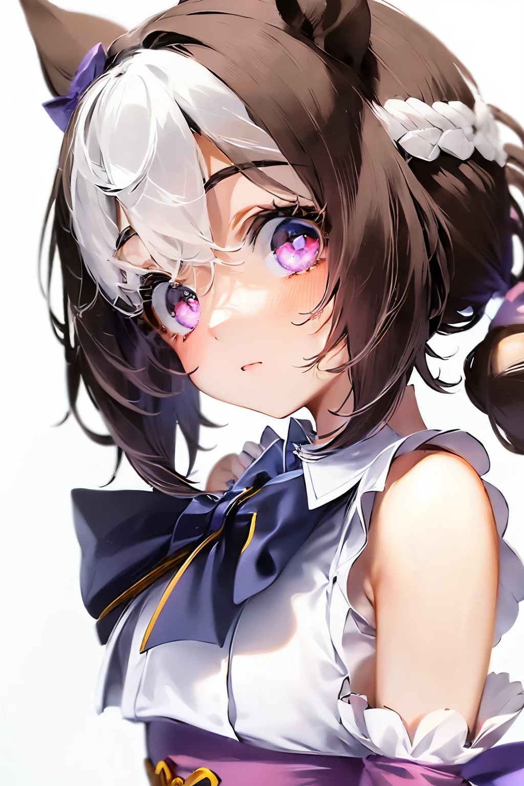 special_week_\(Umamusume)、bow ribbon、bow ribbon、bow ribbon、corsets、Fluffy breasts、nursing、toppless、teats、The upper part of the body、(Refers to the viewer:1.3)、Happiness、(White background:1.5)、(front-facing view:1.3)