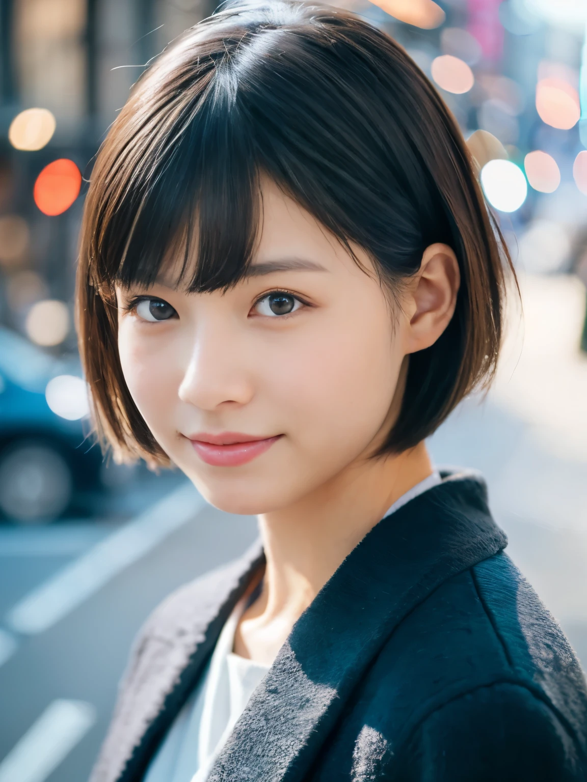 photorealistic, 8K, full body portrait, Beautiful woman, A charming expression, Clear system, short hair, 20-year-old, Tokyo, winter, Shibuya in the background