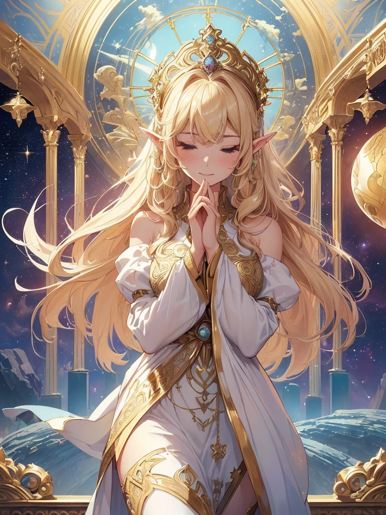 highest quality、Highest image quality、masterpiece、Super beautiful elf beauty((22 years old OL big bust、Bust 90,beautiful long ironed hair、blonde、(優しくお祈り🙏1.9)globe、、slender、Close-up、Esbian、beautiful tiara、High quality、beautiful art、background((starrysky)))muste piece、visual art、Depth of bounds written、low angle of morning sky、、elf ears、、light magic、Space Knight、harp melody🎵、Happy smile、gentle light、、Beautiful legs that are gentle on the skin、、、Number of fingers to achieve precise finger movements、ticker beautiful decorative dress、elegant、Mystical rosa、 Heaven、Marble pillars, beautiful dressy、magnificent marble dome、Huge galaxy、religious painting、holding the earth、Temple of Time、Great watch、hourglass、sundial、moment of creation!myth、alphonse mucha art、art noveau、byzantine art、folding screen picture、gold foil、Raphael's paintings、renaissance art、pray with both hands together
