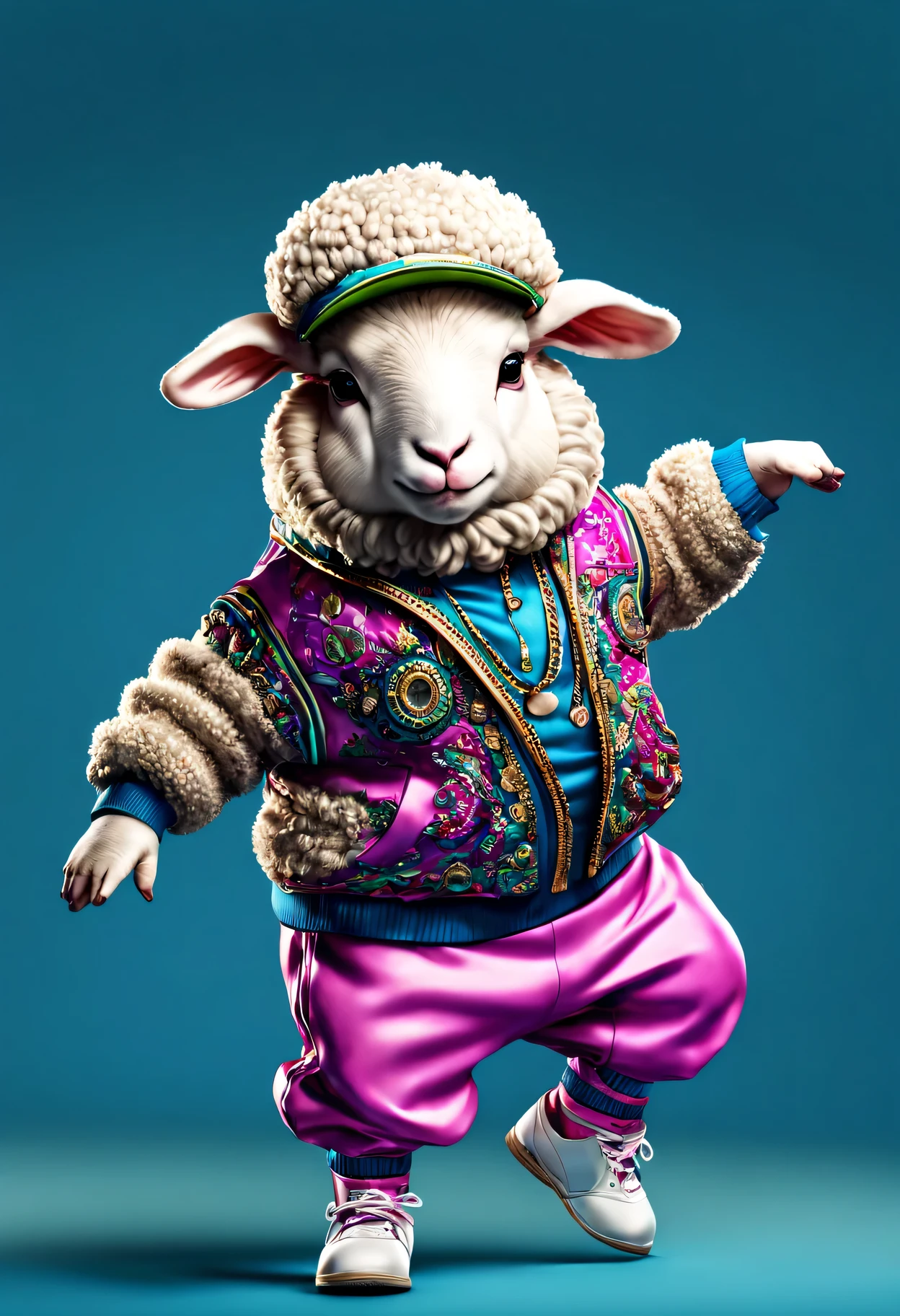 photorealistic portrait of Dressed animals - a fat baby sheep hip hop dancer,(hip hop dancing dynamic action pose), high quality,(lovely) ,intricate details, highly detailed ((hip hop dance costume)) ,highly detailed decorations,, (happy), studio lighting,(full body image:1.5)