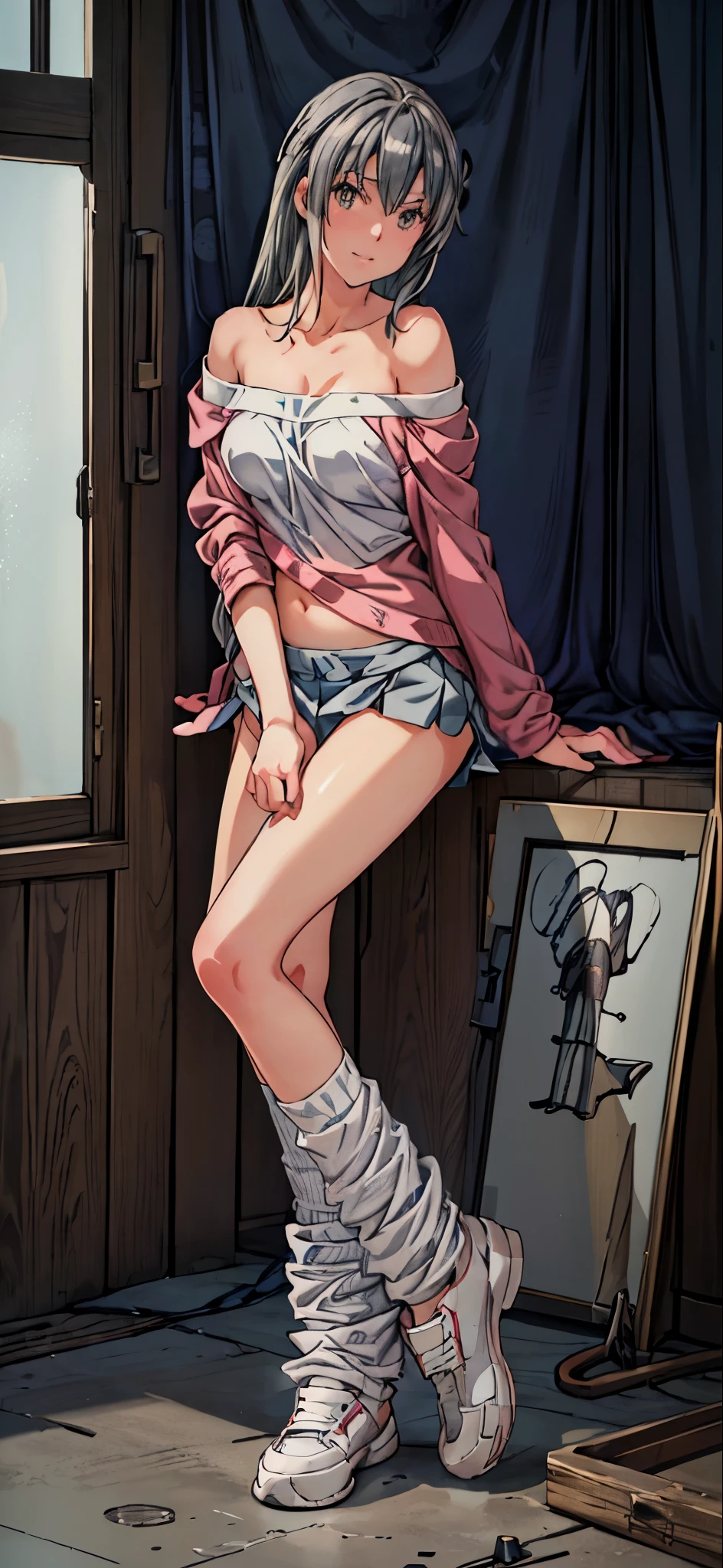 (highest quality,4k,8K,High resolution,muste piece:1.2), Super detailed, (realistic,photorealistic,photo-realistic:1.37), dark beautiful girl, grin,((gray hair color)),((long hair)), ((hair above eyes)),((white off shoulder tops)),half pants, loose socks,sneakers,beautiful and fine eyes, Dense and beautiful lips, highly detailed eyes and face, long eyelashes, realistic anime 3D style, Smooth anime CG art, Digital rendering by Makoto Shinkai, Moe anime art style, photorealistic rendering of an anime girl, Shinkai Makoto style, Cute anime girl visuals, realistic young anime girl, girl fan art, Created by Anime Artist'studio of.