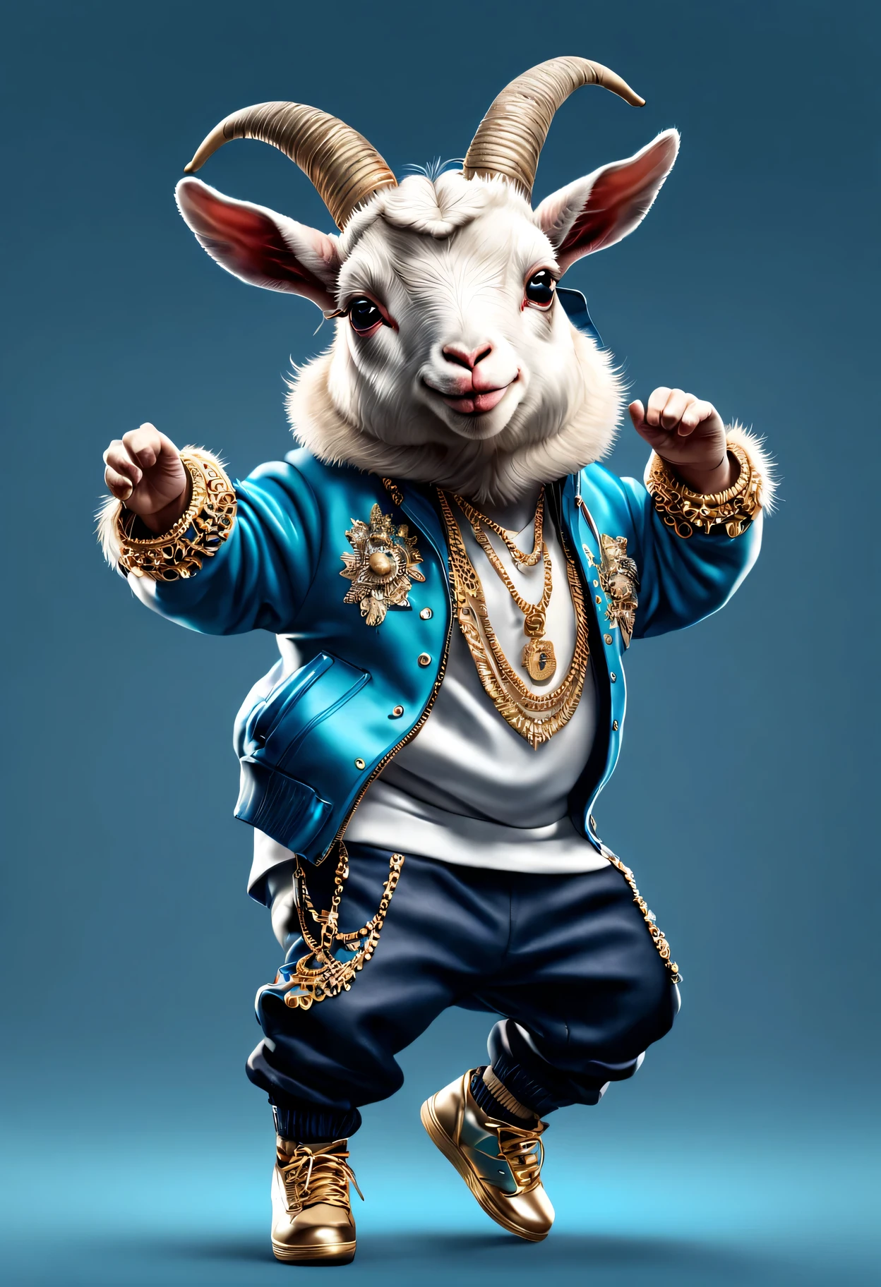 photorealistic portrait of Dressed animals - a fat baby goat hip hop dancer,(hip hop dancing dynamic action pose), high quality,(lovely) ,intricate details, highly detailed ((hip hop fashion)) ,highly detailed decorations,, (happy), studio lighting,(full body image:1.5)