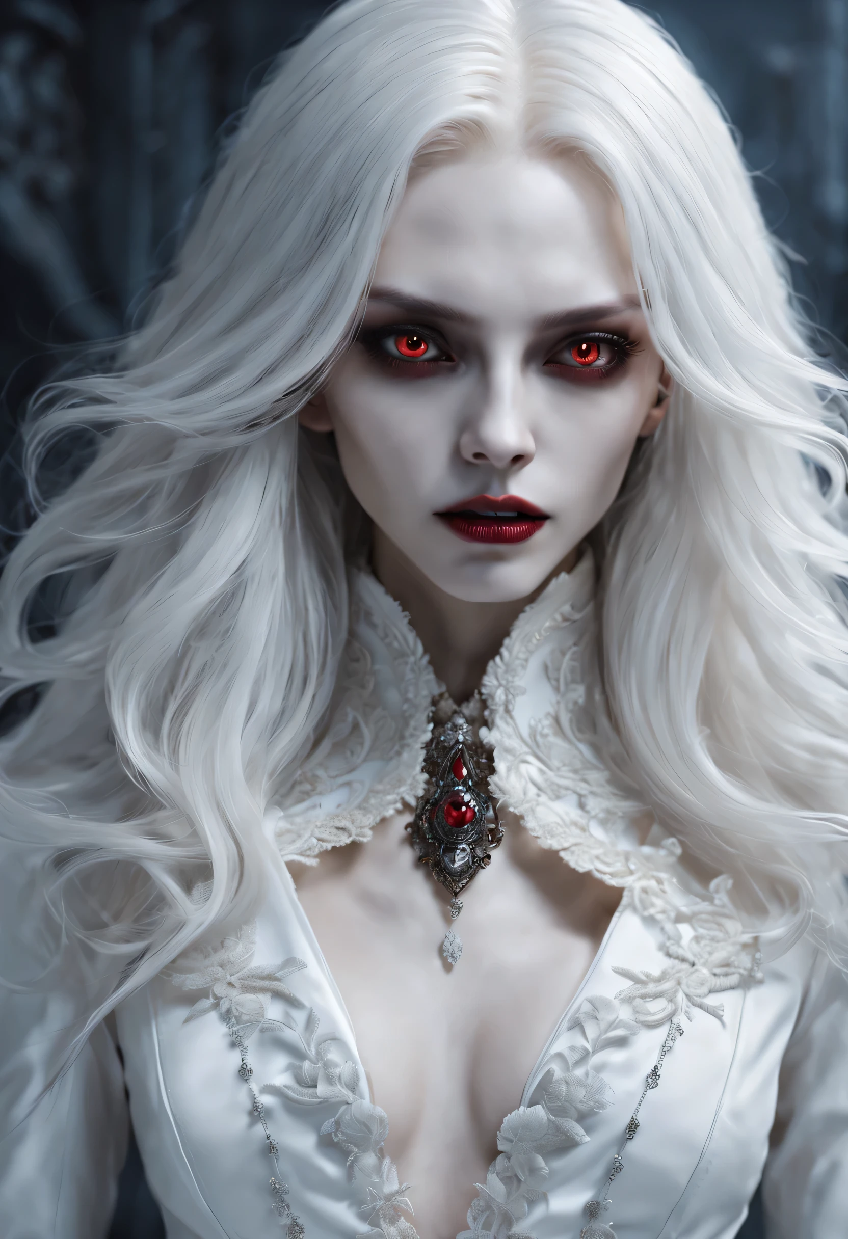 Crazy detailed photos of gorgeous vampire aliens, a true, long white hair, complicated eye roll, like a dream, ethereal, Super detailed的, 32K resolution, dynamic lighting, Cover the navel, Super detailed, intricate details, Popular topics on ArtStation, white luxury suit, Volumetric lighting, BalenciagaStyle