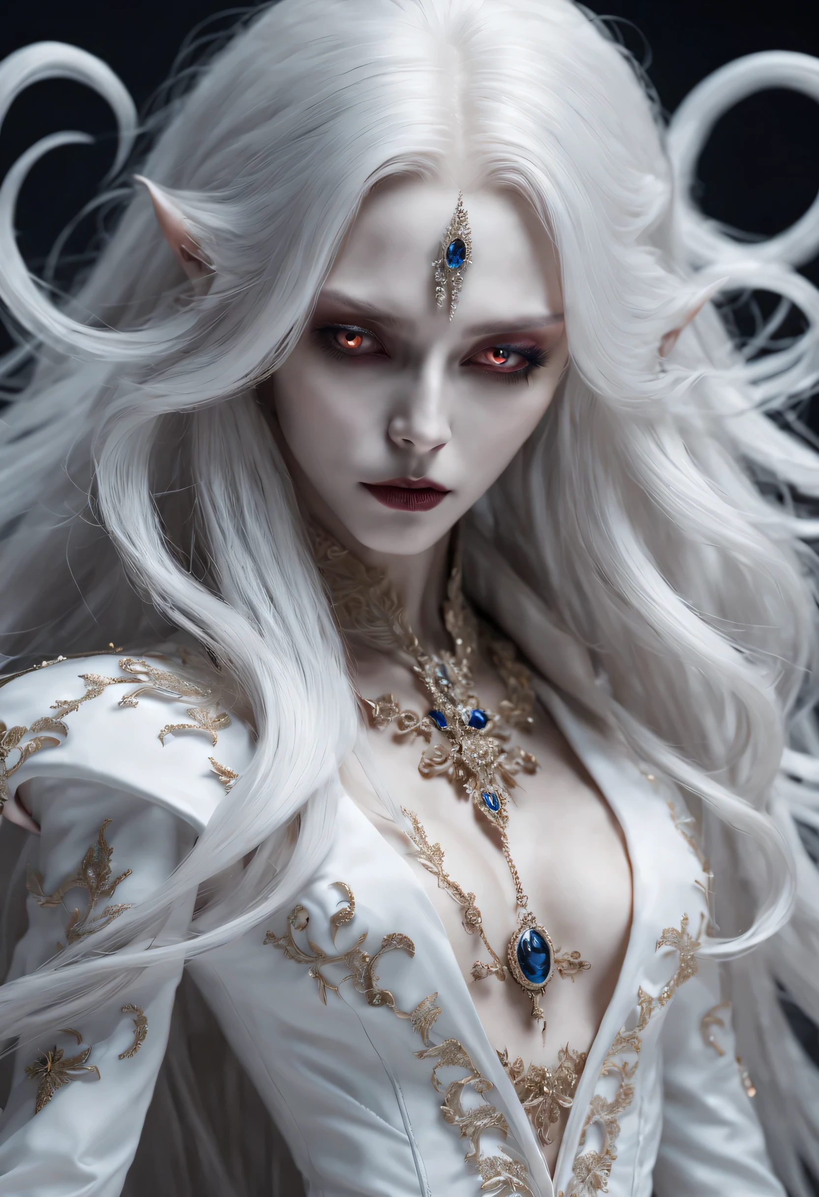 Crazy detailed photos of gorgeous vampire aliens, a true, long white hair, complicated eye roll, like a dream, ethereal, Super detailed的, 32K resolution, dynamic lighting, Cover the navel, Super detailed, intricate details, Popular topics on ArtStation, white luxury suit, Volumetric lighting, BalenciagaStyle