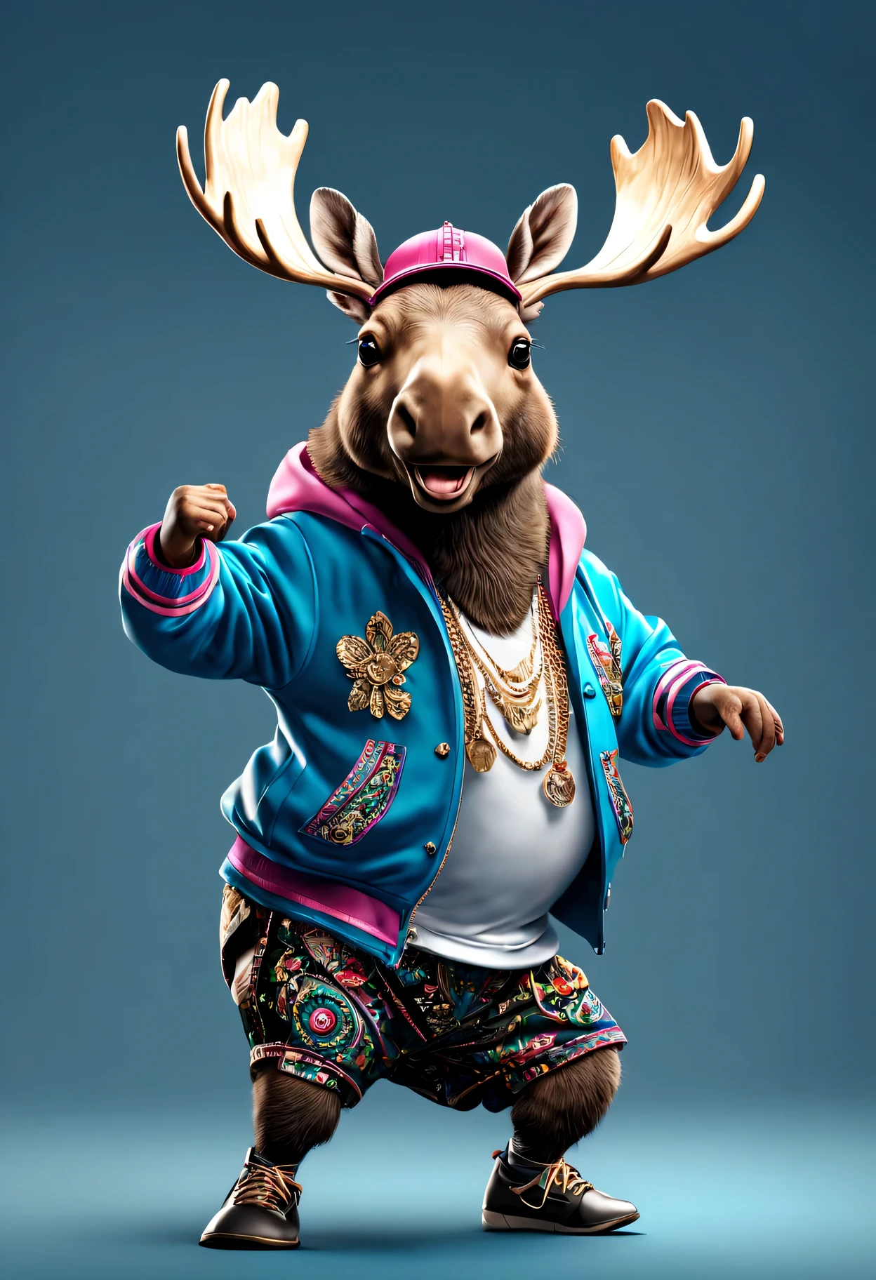 photorealistic portrait of Dressed animals - a fat moose hip hop dancer,(hip hop dancing dynamic action pose), high quality,(lovely) ,intricate details, highly detailed ((hip hop fashion)) ,highly detailed decorations,, (happy), studio lighting,(full body image:1.5)