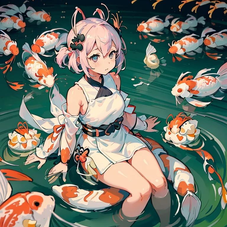 A girl wearing a big dumpling is floating with a big spring roll belt.、amazing dynamism、amazing angle、Unstable buoyancy sandstorm、(((Many friendly big shrimp dumplings are floating and multiplying..)))、(((surround each other&#39;too long pastel koi)))