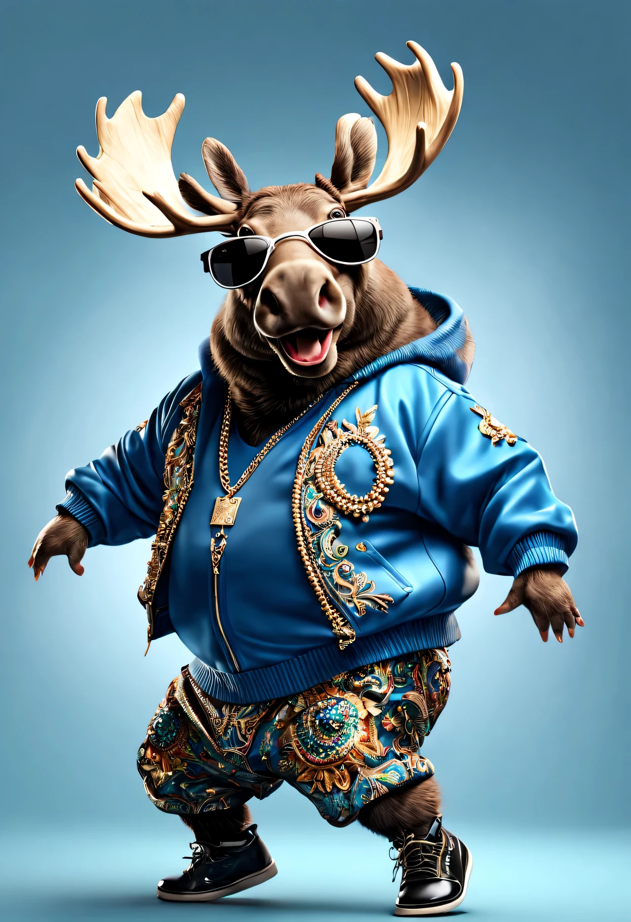 photorealistic portrait of Dressed animals - a fat baby moose hip hop dancer,(hip hop dancing dynamic action pose), high quality,(lovely) ,intricate details, highly detailed ((hip hop fashion)) ,highly detailed decorations, wearing sunglasses, (happy), studio lighting,(full body image:1.5)
