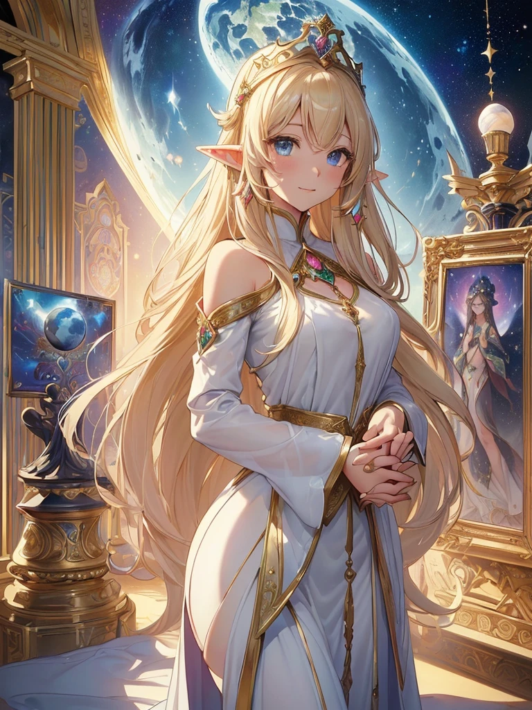 highest quality、Highest image quality、masterpiece、Super beautiful elf beauty((22 years old OL big bust、Bust 90,beautiful long ironed hair、blonde、(優しくお祈り🙏1.9)globe、、slender、Close-up、Esbian、beautiful tiara、High quality、beautiful art、background((starrysky)))muste piece、visual art、Depth of bounds written、low angle of morning sky、、elf ears、、light magic、Space Knight、harp melody🎵、Happy smile、gentle light、、Beautiful legs that are gentle on the skin、、、Number of fingers to achieve precise finger movements、ticker beautiful decorative dress、elegant、Mystical rosa、 Heaven、Marble pillars, beautiful dressy、magnificent marble dome、Huge galaxy、religious painting、holding the earth、Temple of Time、Great watch、hourglass、sundial、moment of creation!myth、alphonse mucha art、art noveau、byzantine art、folding screen picture、gold foil、Raphael's paintings、renaissance art、pray with both hands together
