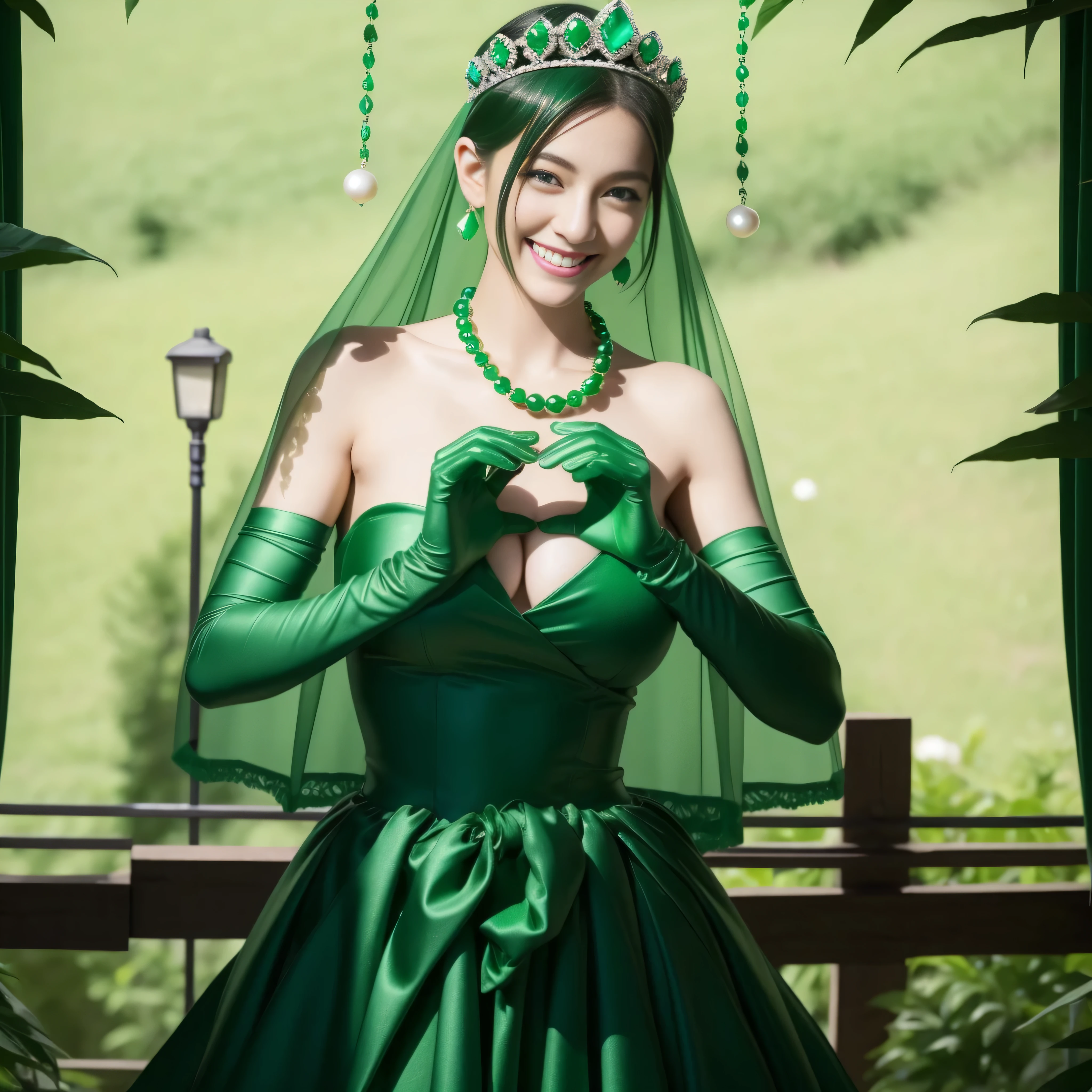 emerald tiara, Green Pearl Necklace, Boyish very short green hair, lipsticks, Japan woman smiling, very short short hair, big breasts beautiful, Green eyes, Long green gloves made of satin material, Green eyes, Emerald Earrings, green vale, Heart with both hands